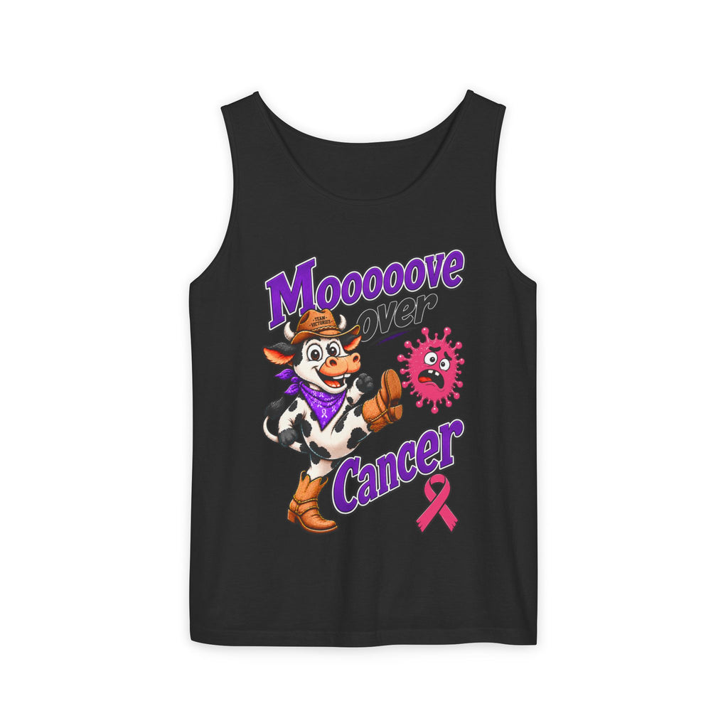 Moooove Over Cancer tank top with cow graphic and Breast Cancer awareness ribbon in purple