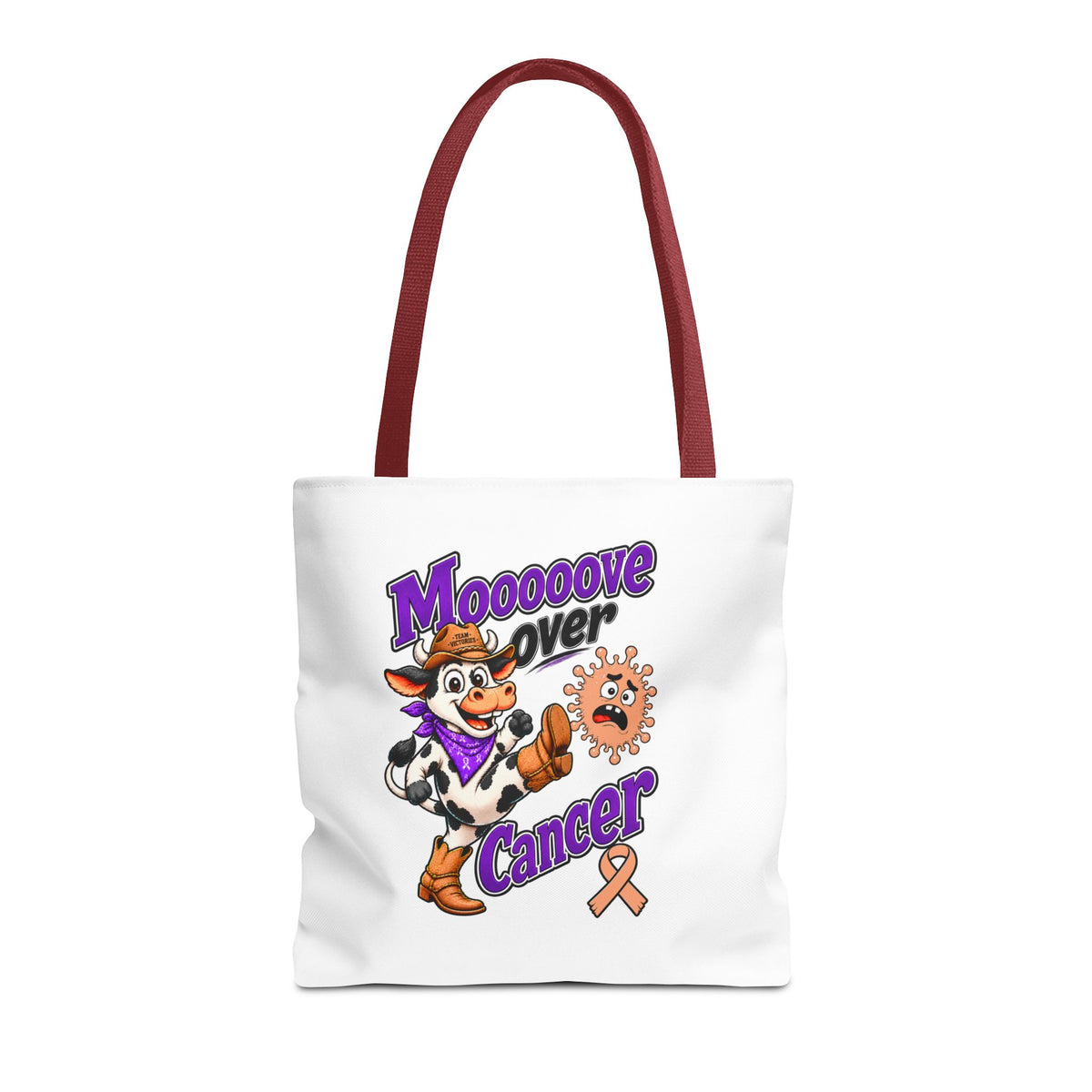 Front view of white Moooove Over Cancer tote bag with black handles