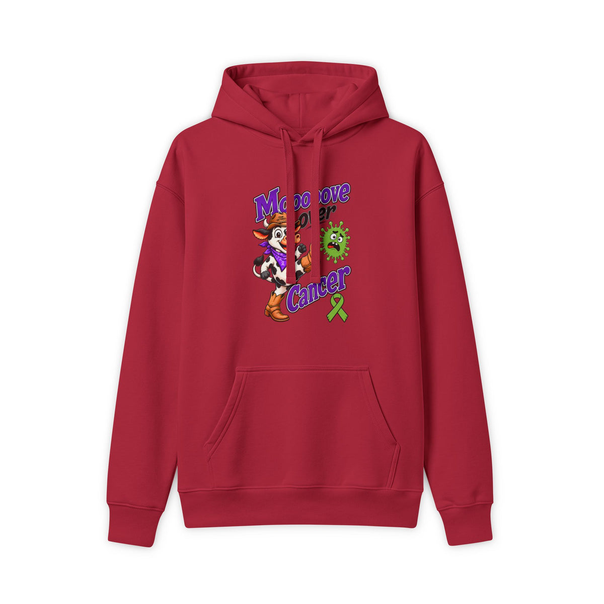 Moooove Over Cancer hoodie with Non-Hodgkin/Lymphoma Cancer awareness ribbon, red front view