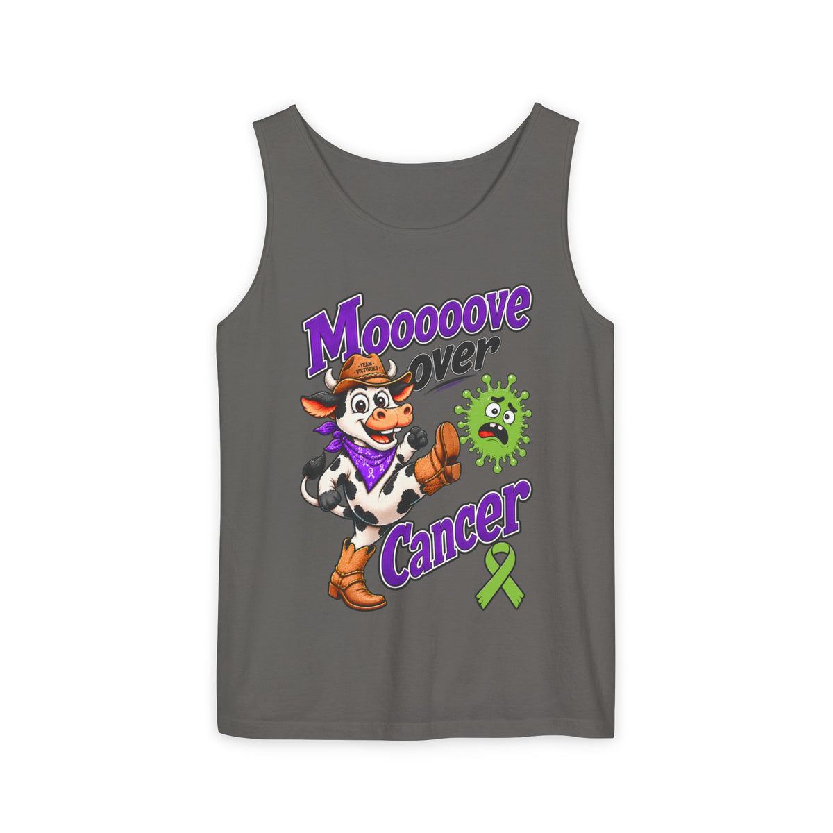 Moooove Over Cancer tank top with cow artwork on charcoal fabric