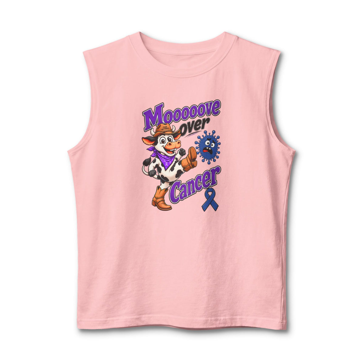 Pink Moooove Over Cancer tank top with cow graphic and Colon Cancer awareness ribbon