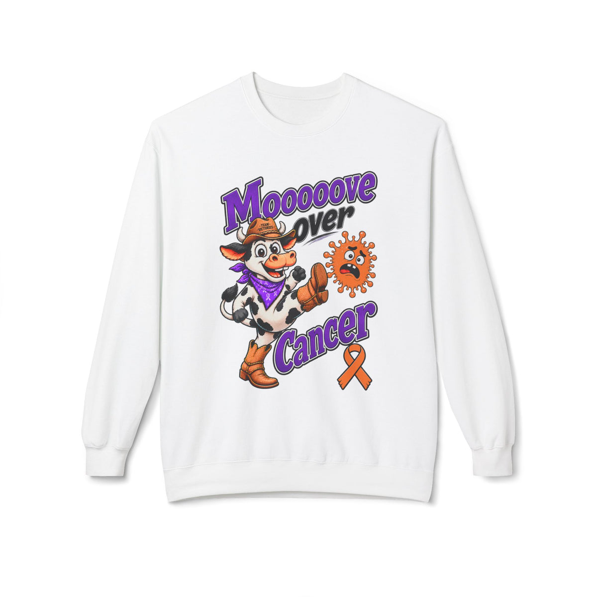 Moooove Over Cancer crewneck sweatshirt with cowboy cow and Leukemia/Kidney Cancer awareness ribbon