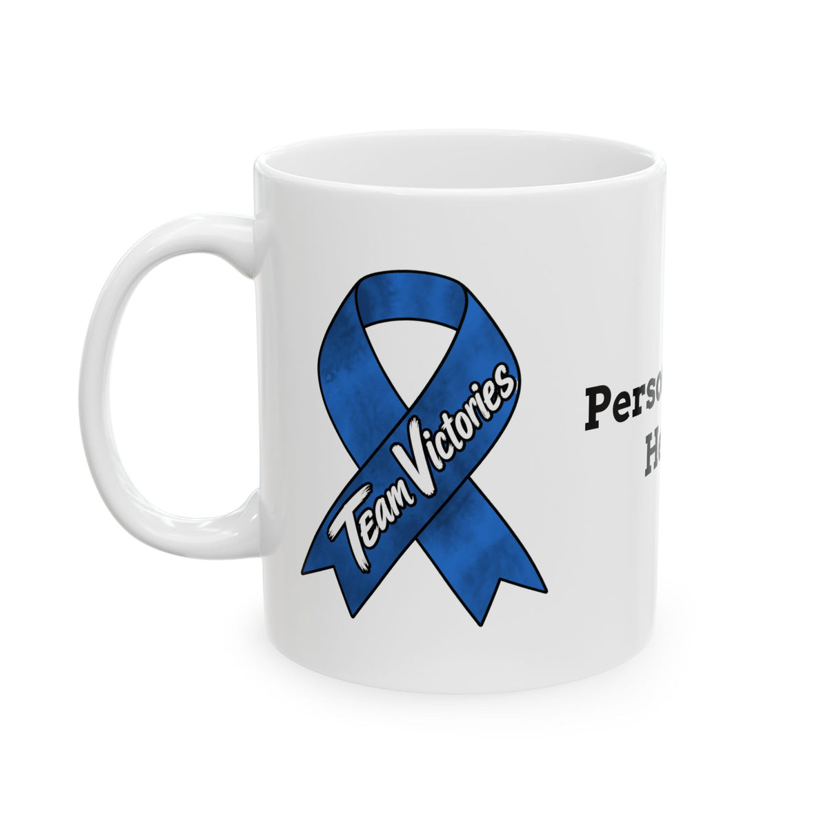 Moooove Over Cancer mug with Team Victories Colon Cancer awareness ribbon design