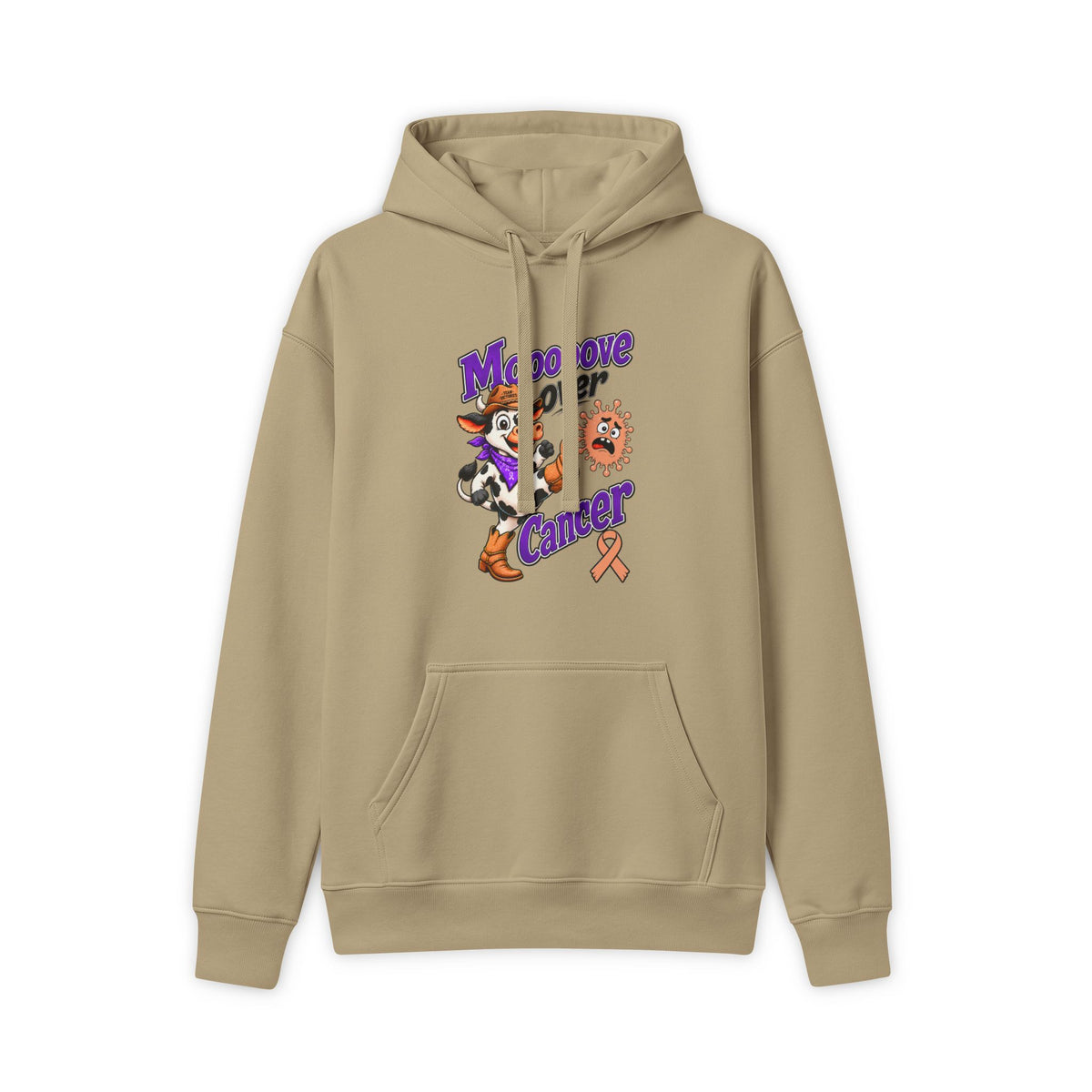Moooove Over Cancer hoodie in tan with Uterine Cancer awareness ribbon artwork