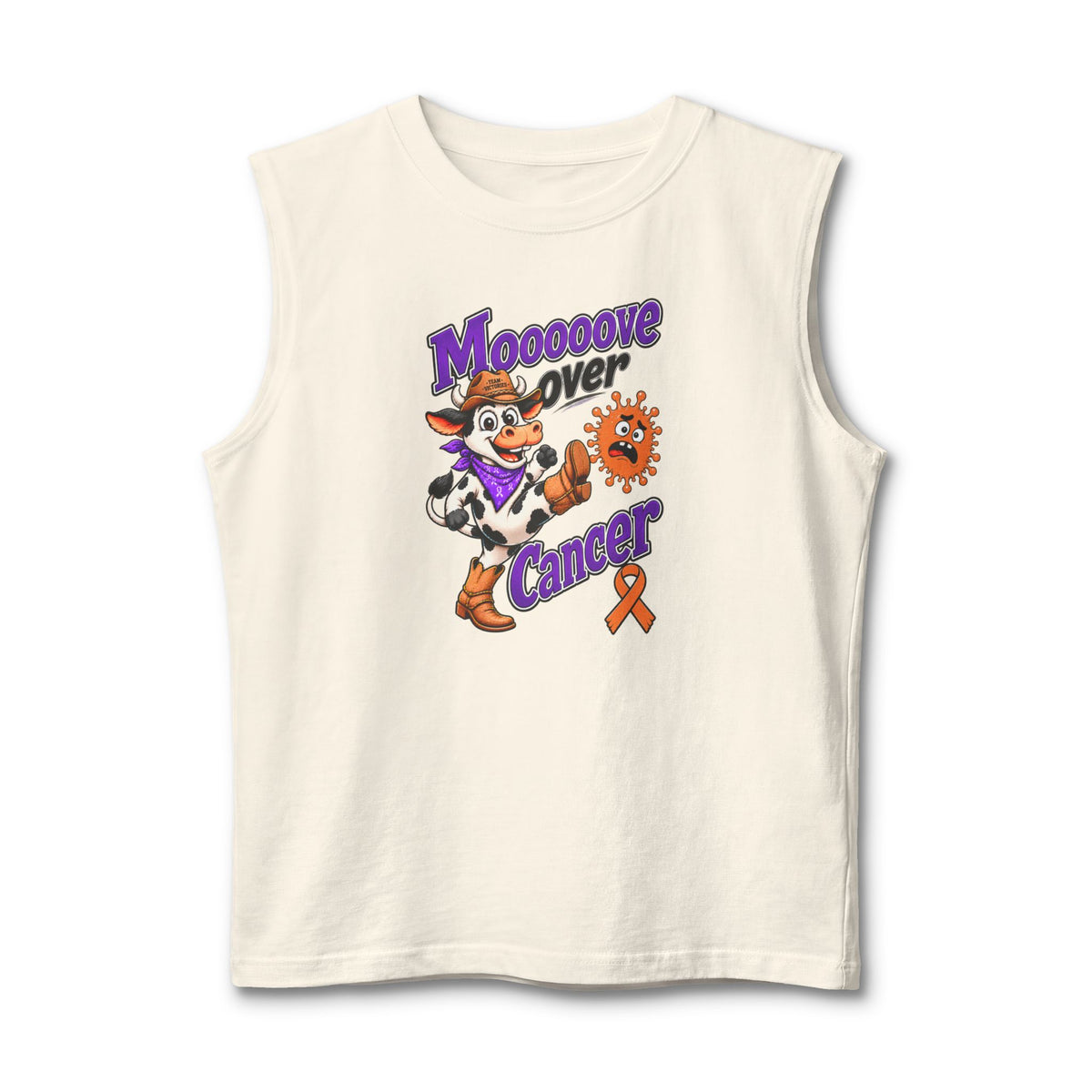 Cream Moooove Over Cancer tank top with Leukemia/Kidney Cancer awareness ribbon