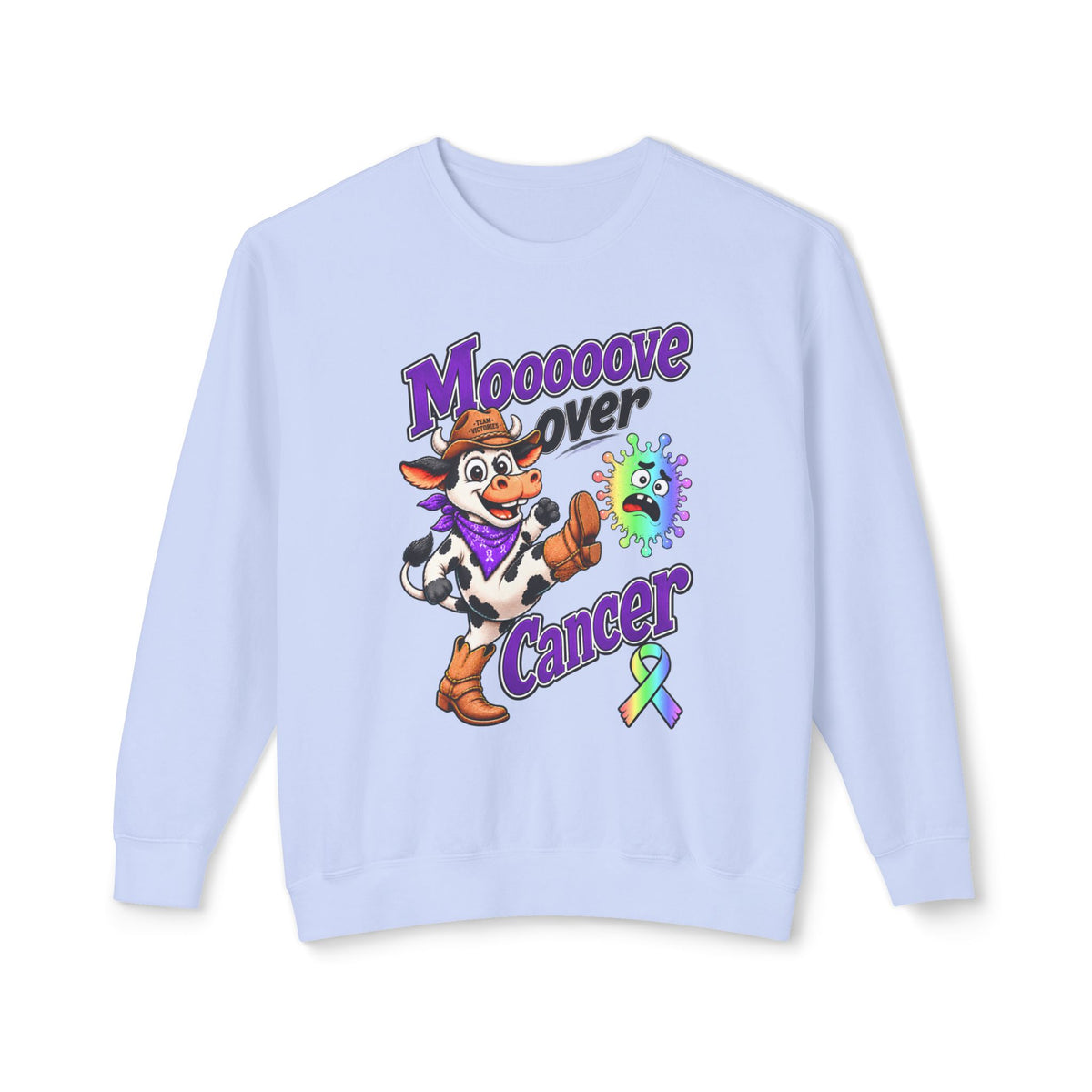 Moooove Over Cancer lavender crewneck sweatshirt with playful cow graphic and all-cancer awareness ribbon