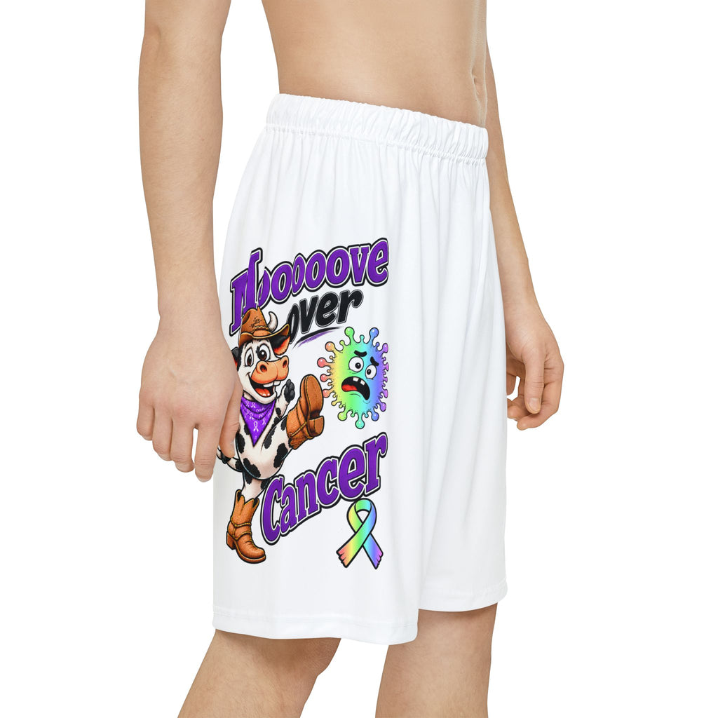 Side view of Moooove Over Cancer shorts showing cow artwork and Strength & Courage lettering