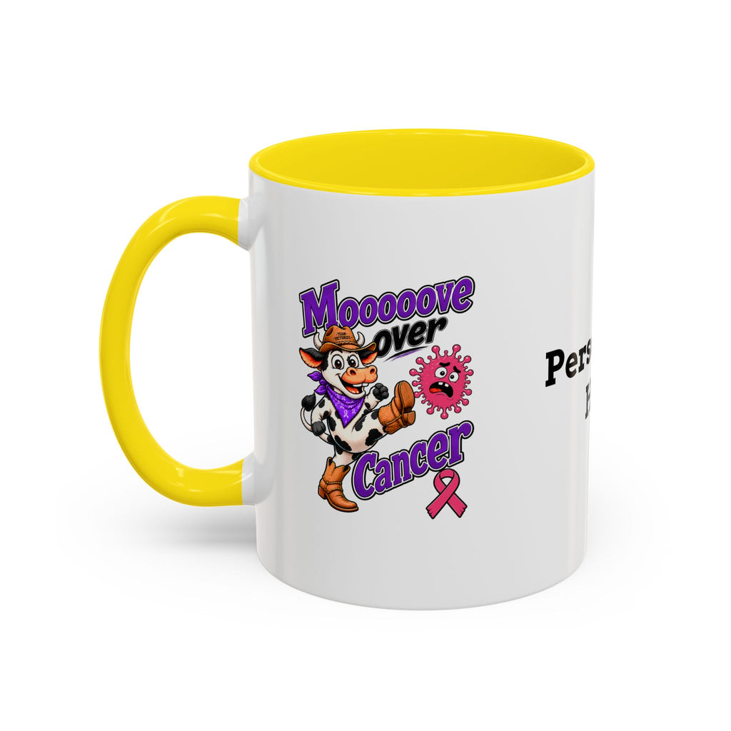 Moooove Over Cancer mug with yellow accent and Team Victories Breast Cancer ribbon