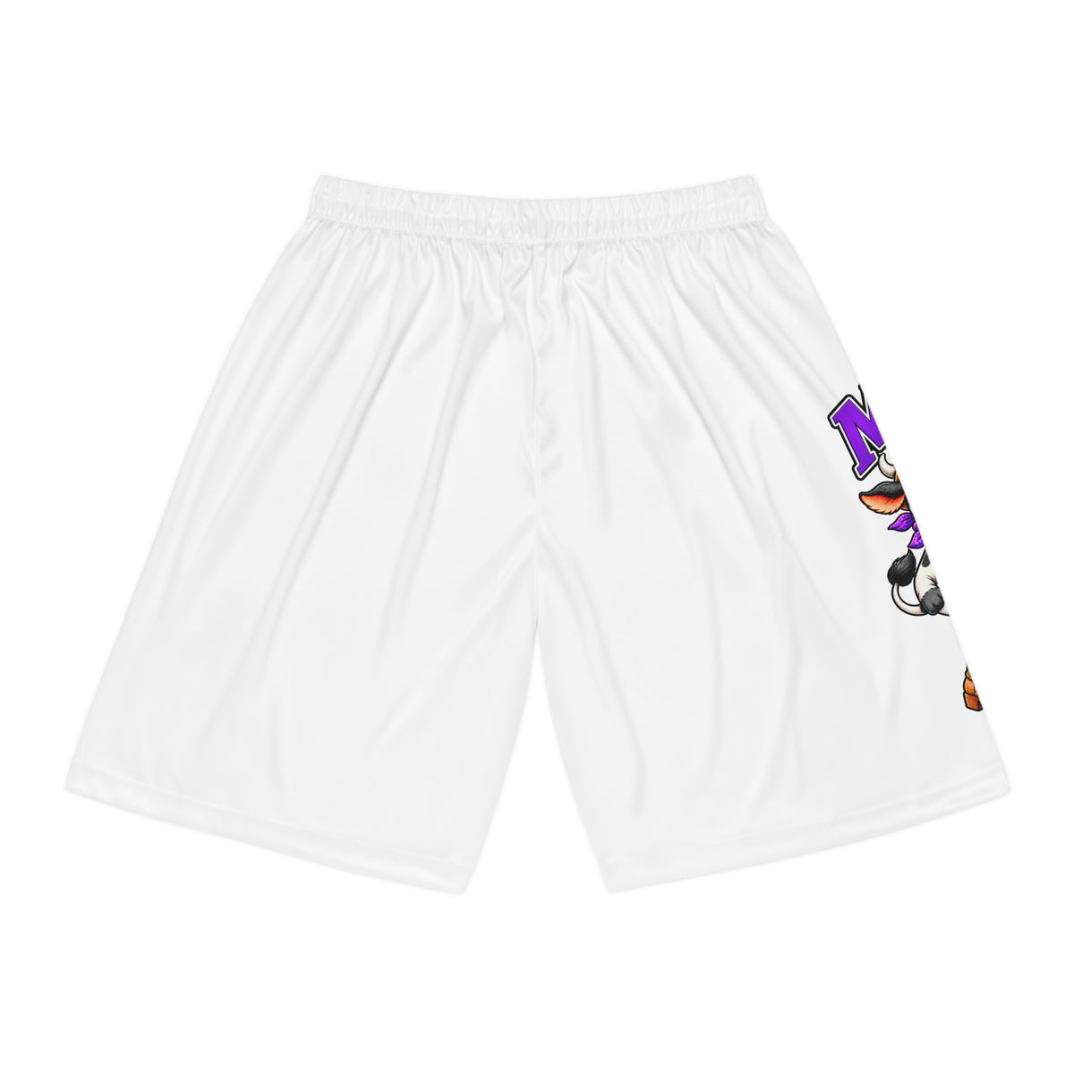Back view of white Moooove Over Cancer basketball shorts with artwork visible at the side