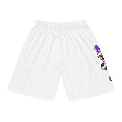 Back view of white Moooove Over Cancer basketball shorts with artwork visible at the side