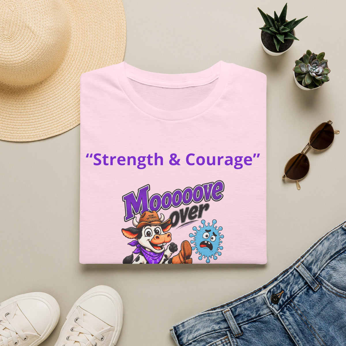 Moooove Over Cancer T-shirt lifestyle view with Fight Baby Fight cancer-support message
