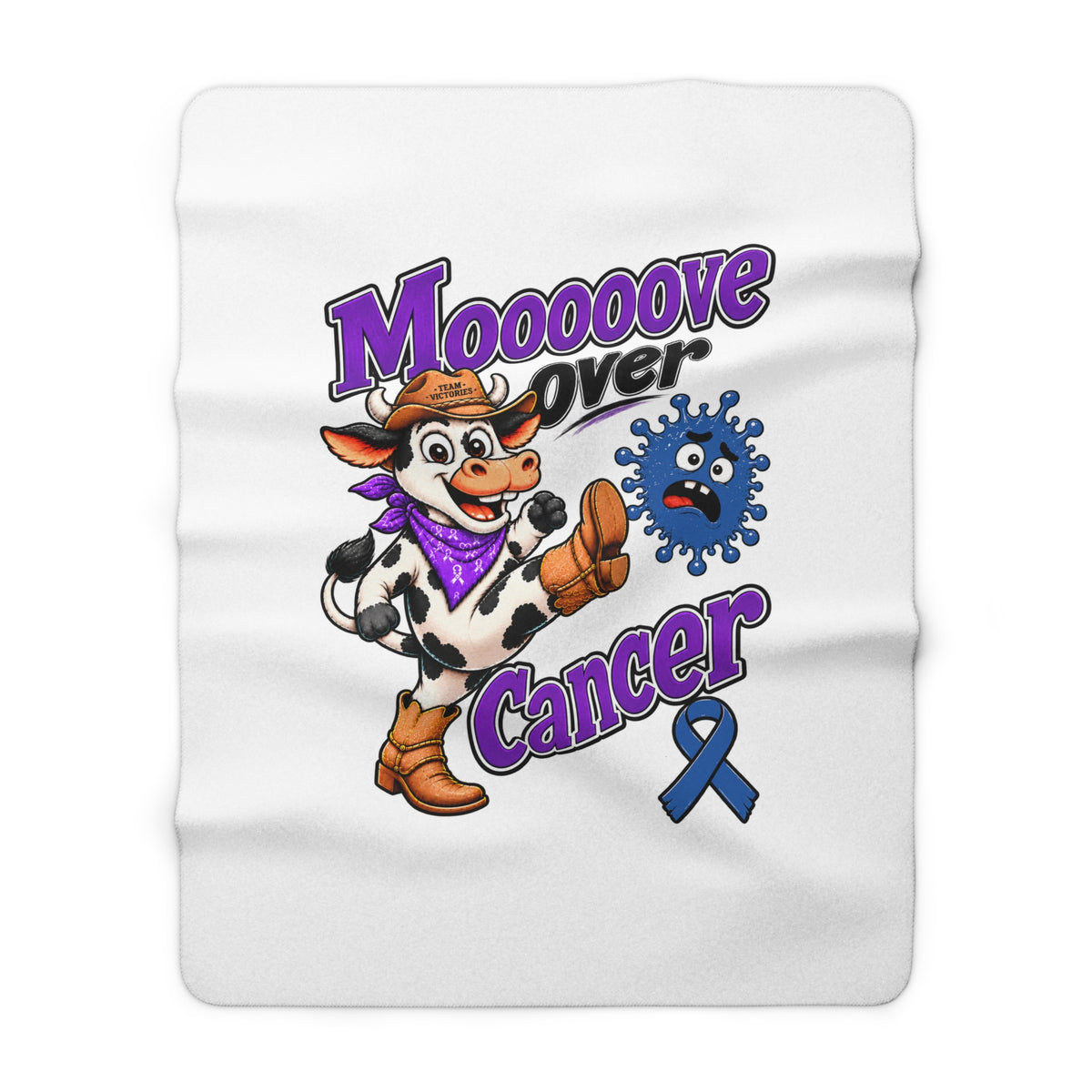 Moooove Over Cancer blanket front showing playful cow artwork and Colon Cancer awareness ribbon