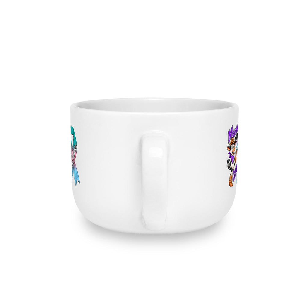 Back view of Moooove Over Cancer personalized ceramic latte mug with wraparound designs