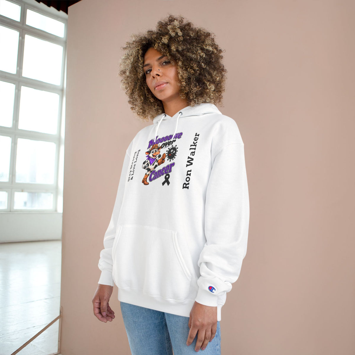 Model wearing white personalized Moooove Over Cancer black ribbon hoodie
