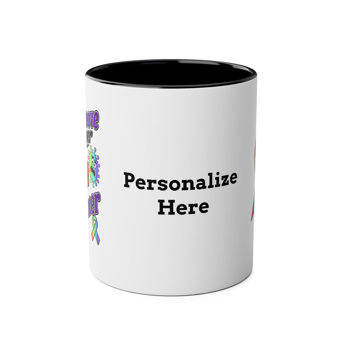 Red two-tone Moooove Over Cancer mug with colorful cancer support artwork