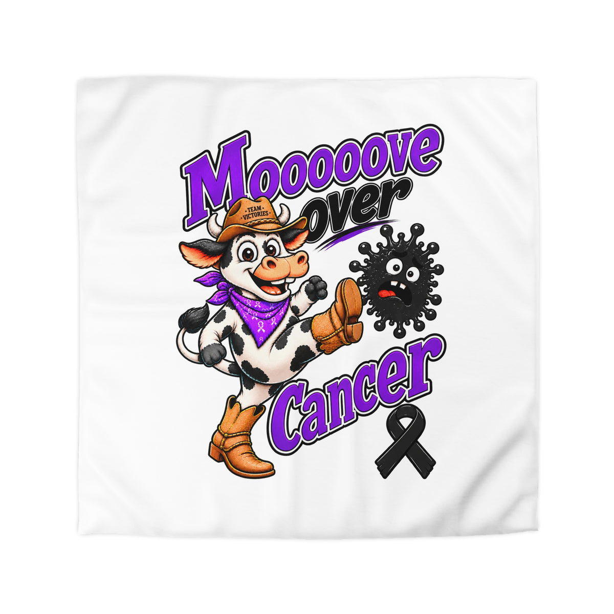 Flat Moooove Over Cancer microfiber duvet cover featuring bold lettering and Melanoma Cancer awareness ribbon