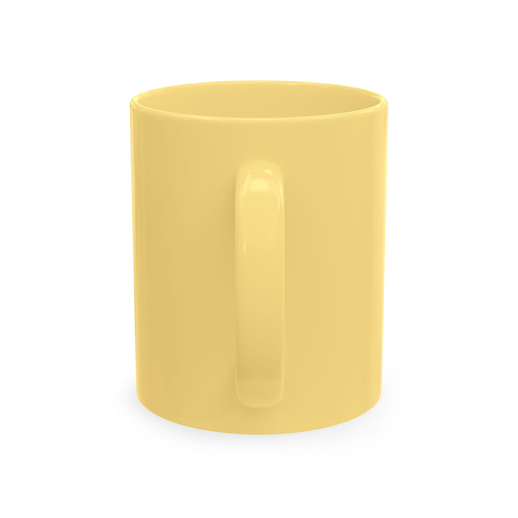 Back view of the Light Yellow Kickin' Cancer mug showing its C-shaped handle