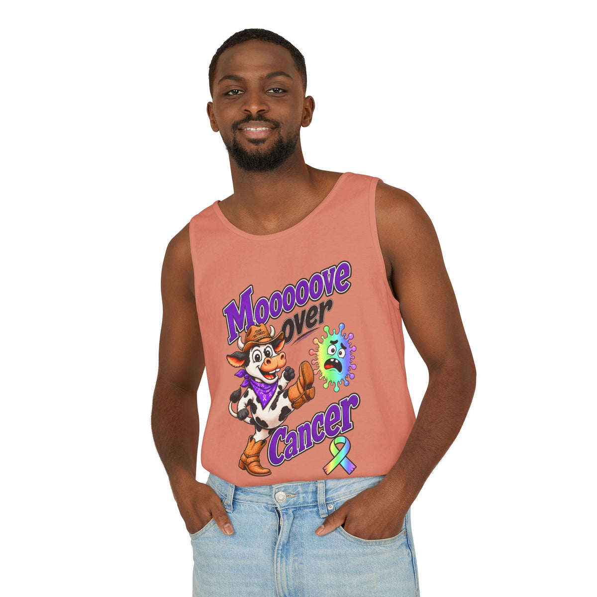 Woman wearing coral Moooove Over Cancer tank top with cowgirl artwork