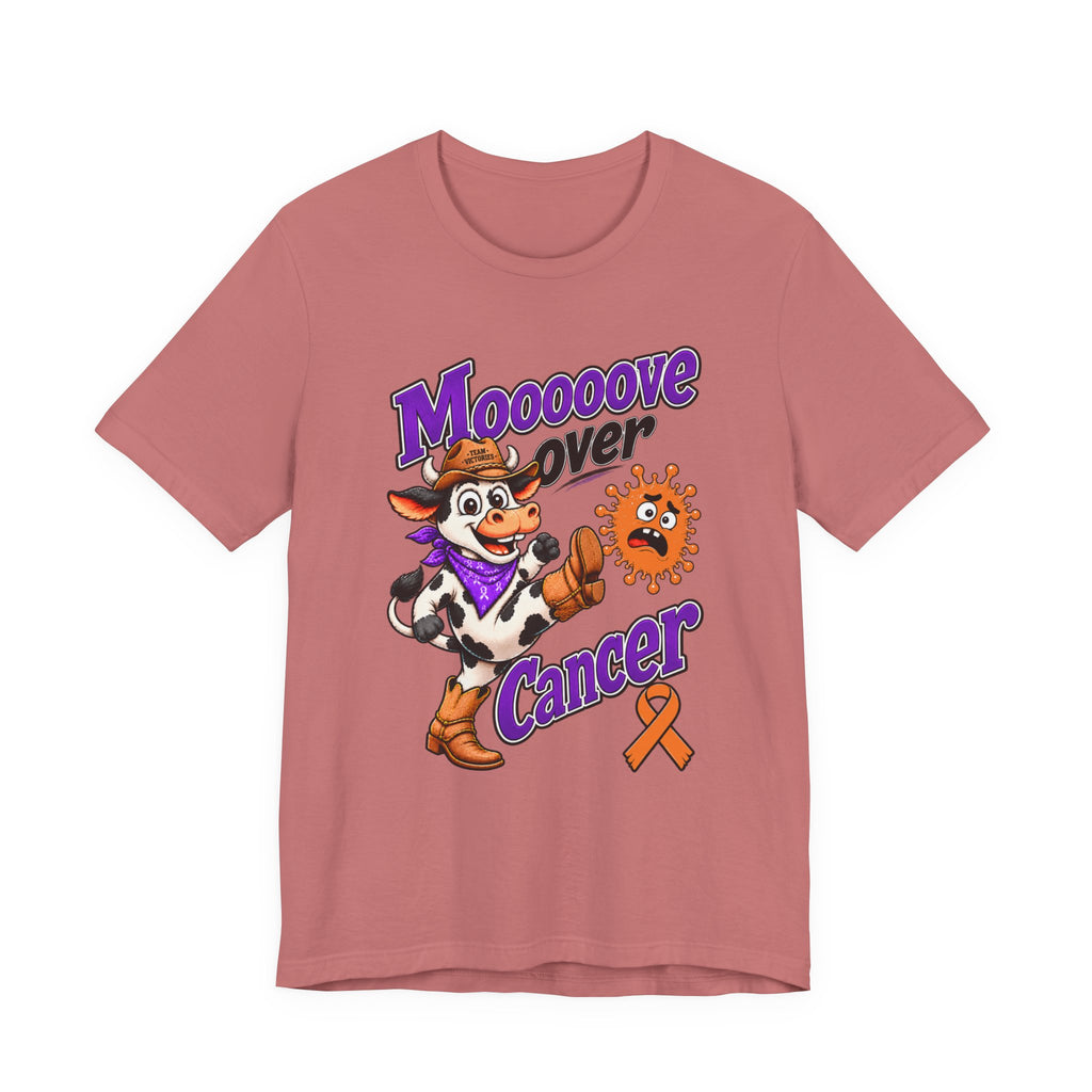 Moooove Over Cancer dusty rose crew-neck tee with cow design and orange awareness ribbon