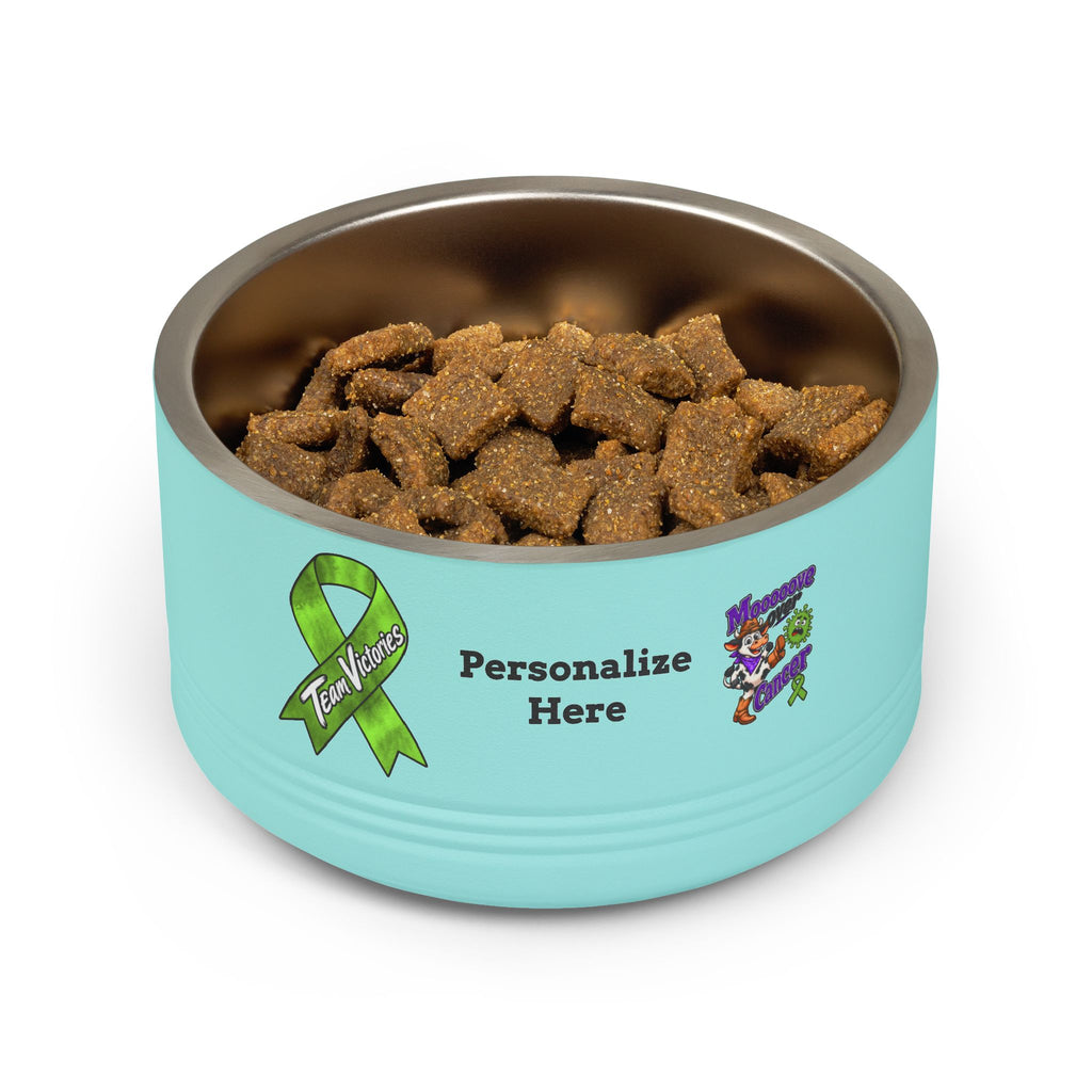 Turquoise Mooove Over Cancer pet bowl filled with food and awareness ribbon design