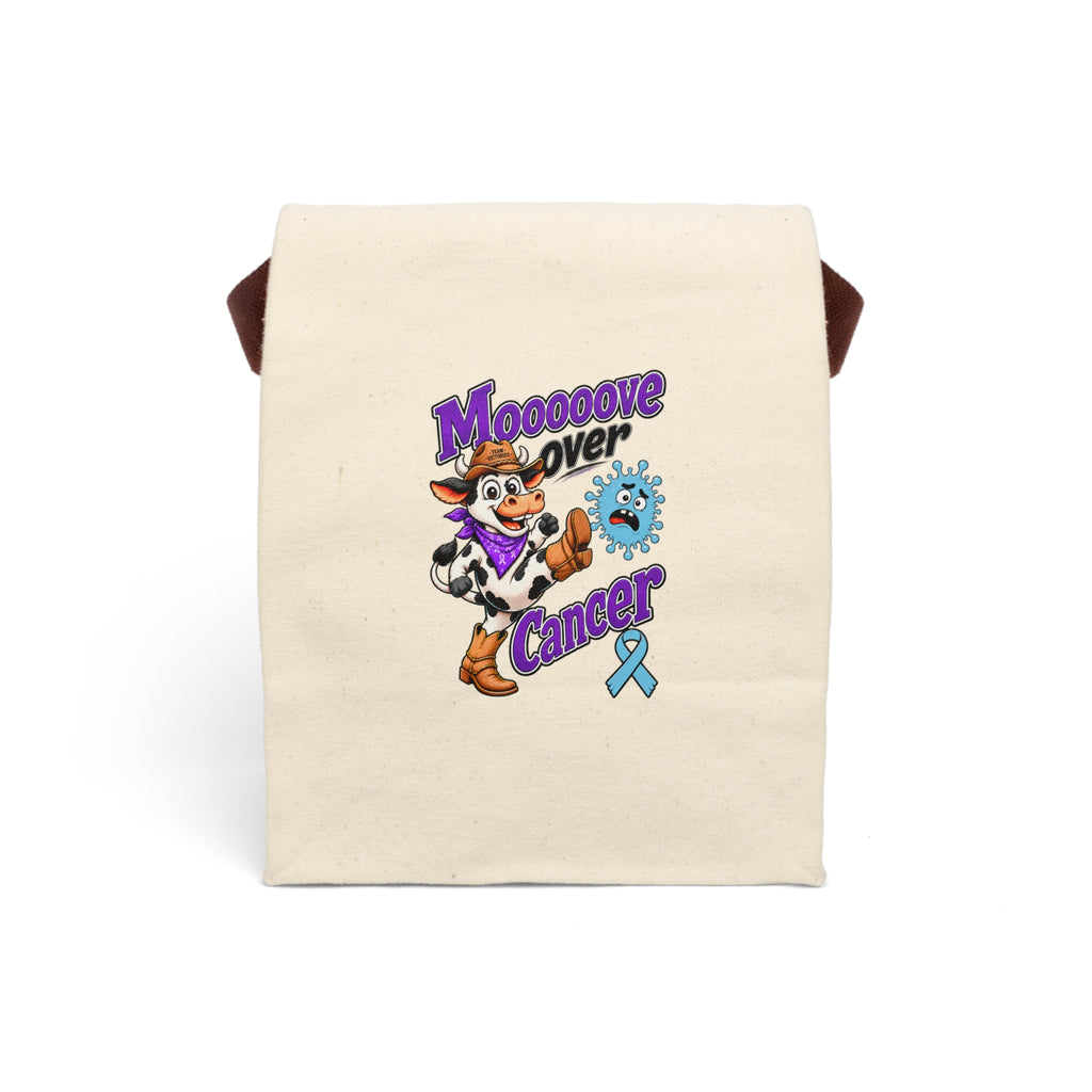 Front view of Moooove Over Cancer canvas lunch bag with blue ribbon artwork