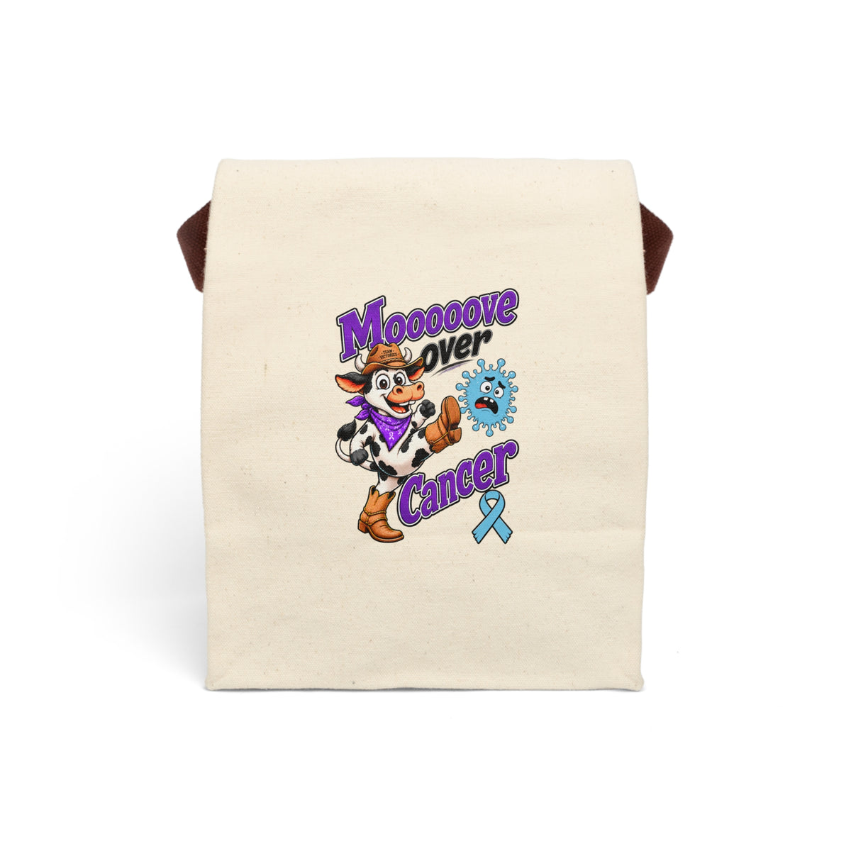 Front view of Moooove Over Cancer canvas lunch bag with blue ribbon artwork