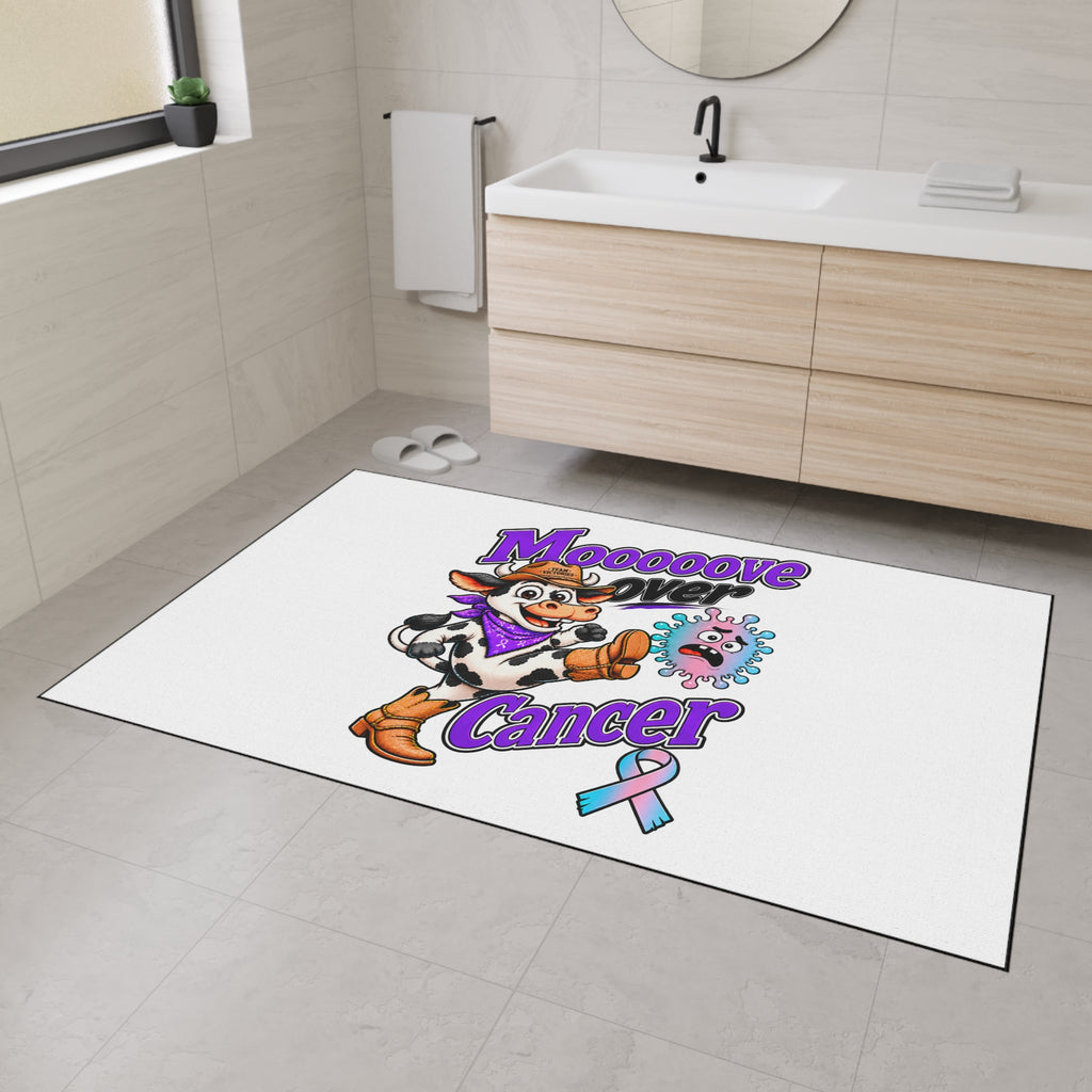 Moooove Over Cancer floor mat displayed in a bathroom
