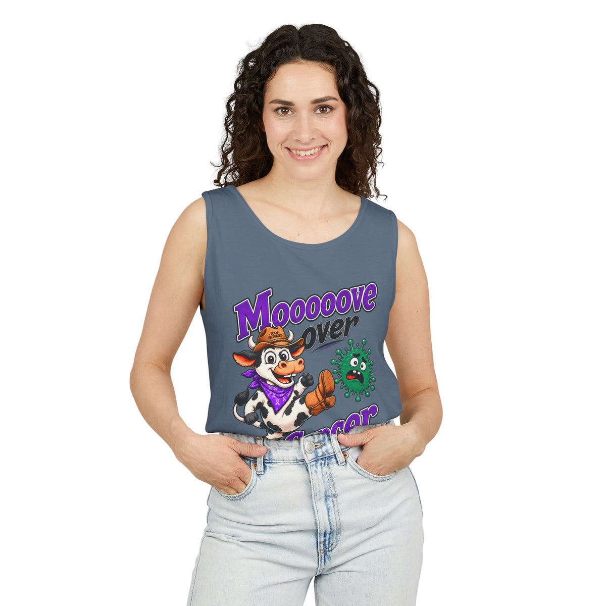 Woman wearing slate Moooove Over Cancer tank top with Liver Cancer awareness ribbon