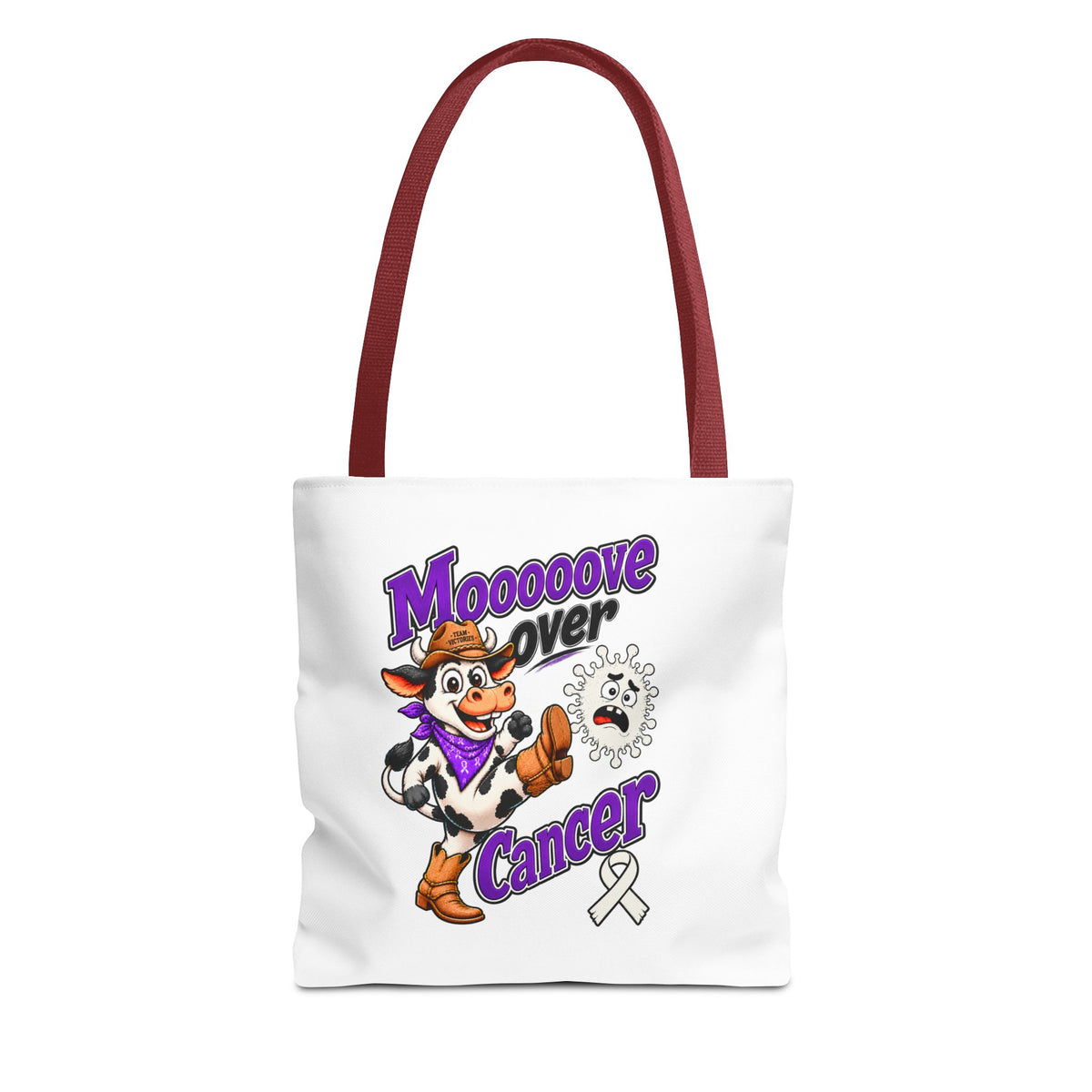Person carrying the Moooove Over Cancer Lung Cancer awareness tote from behind