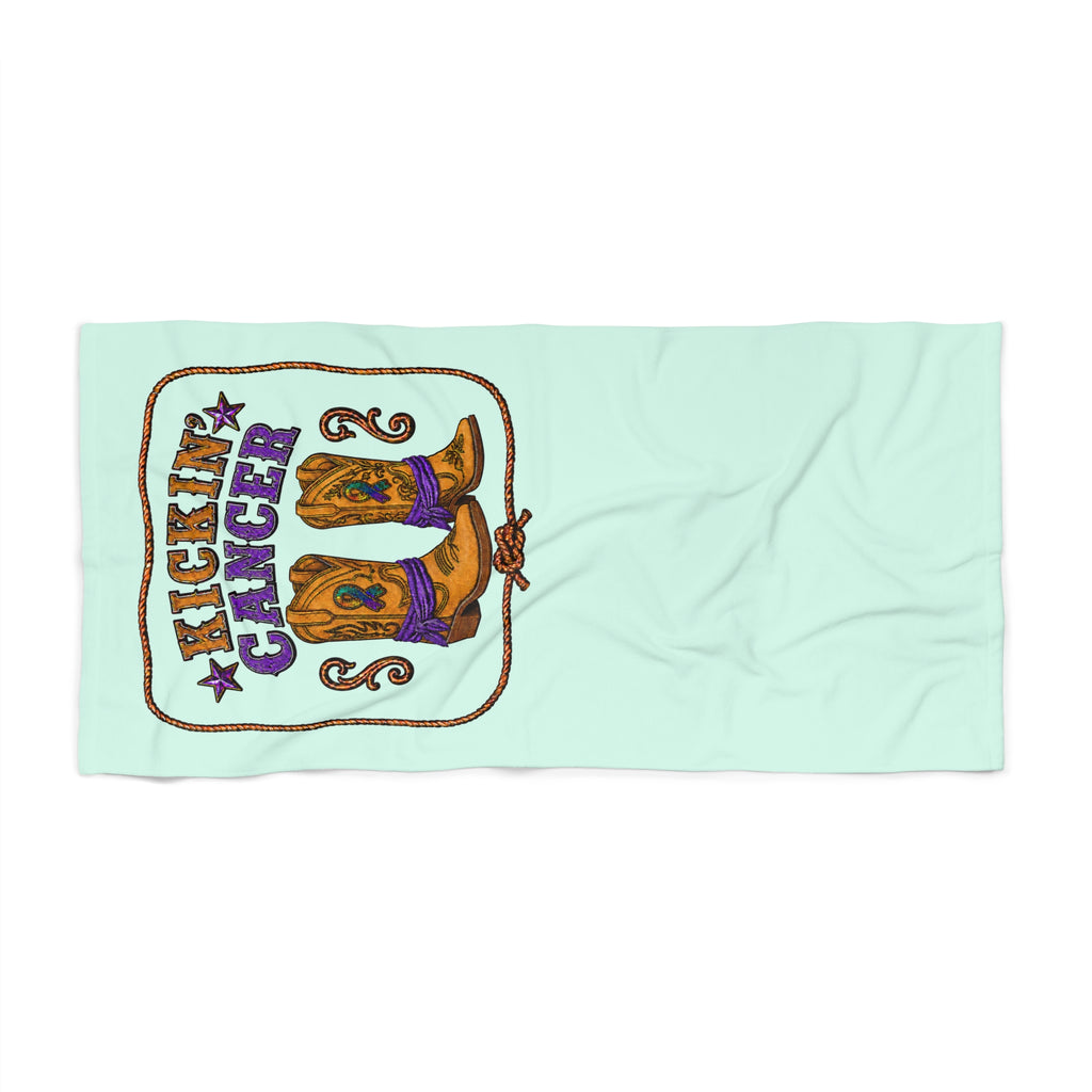 Alternate flat view of the mint Kickin' Cancer towel with western boot artwork