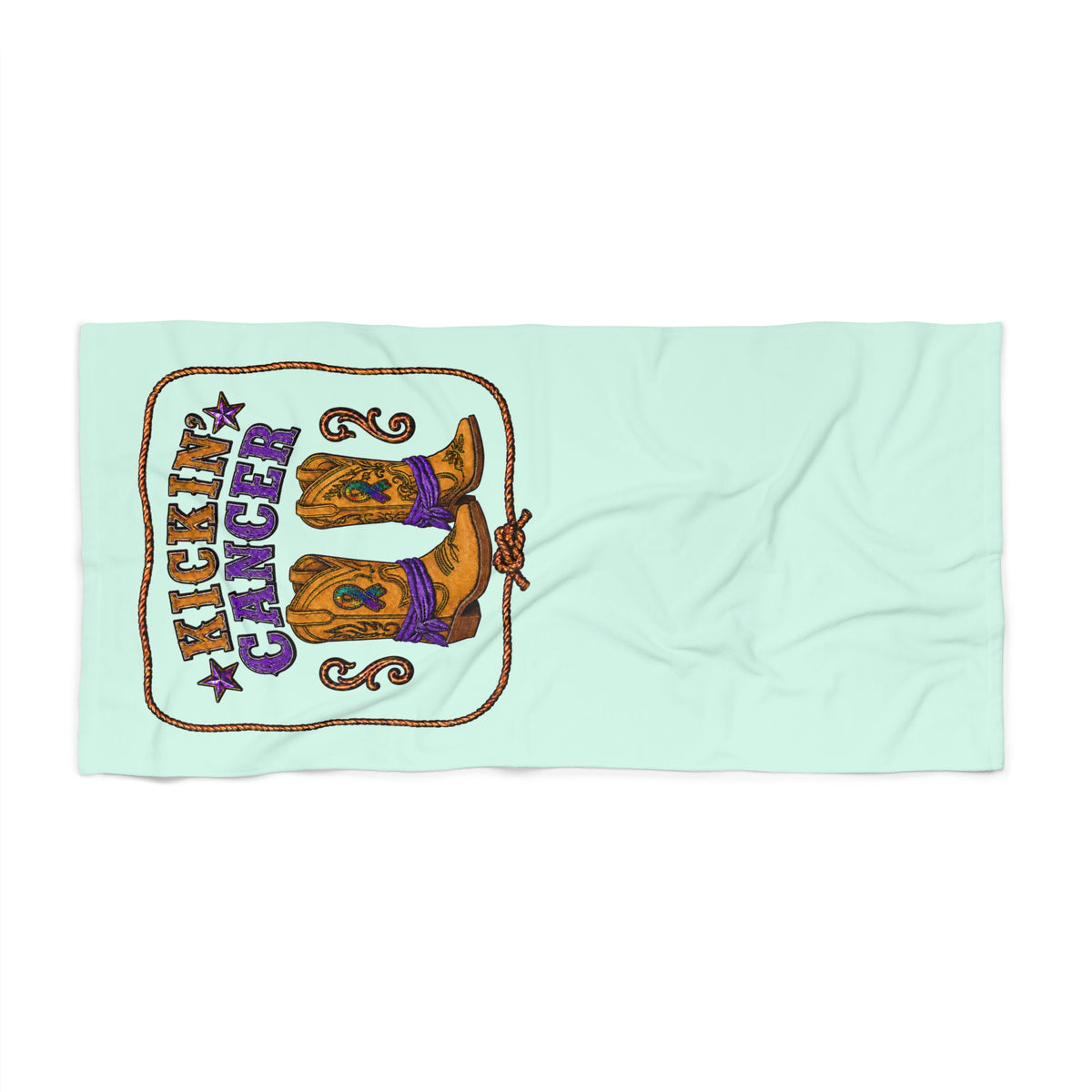 Alternate flat view of the mint Kickin' Cancer towel with western boot artwork