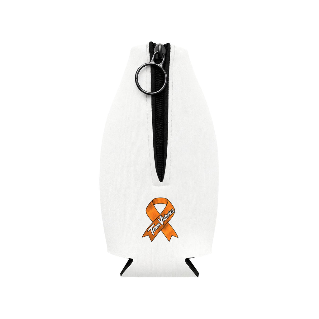 Back of Moooove Over Cancer bottle cooler sleeve with zipper and Leukemia/Kidney Cancer awareness ribbon