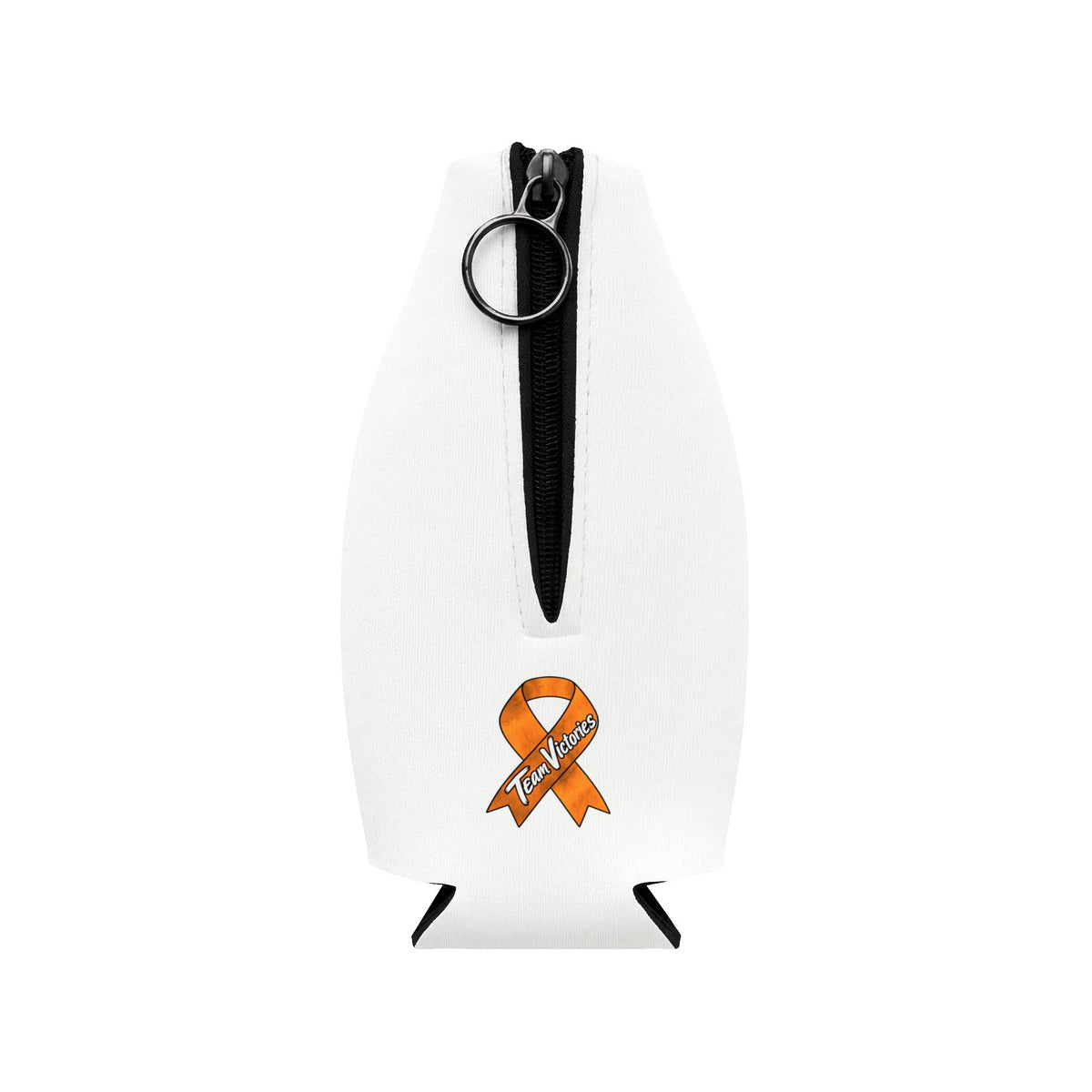 Back of Moooove Over Cancer bottle cooler sleeve with zipper and Leukemia/Kidney Cancer awareness ribbon