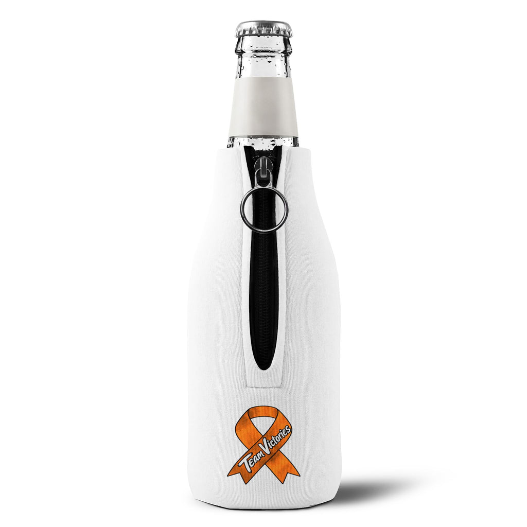 Zip-up Moooove Over Cancer bottle sleeve on a glass bottle, showing the back design