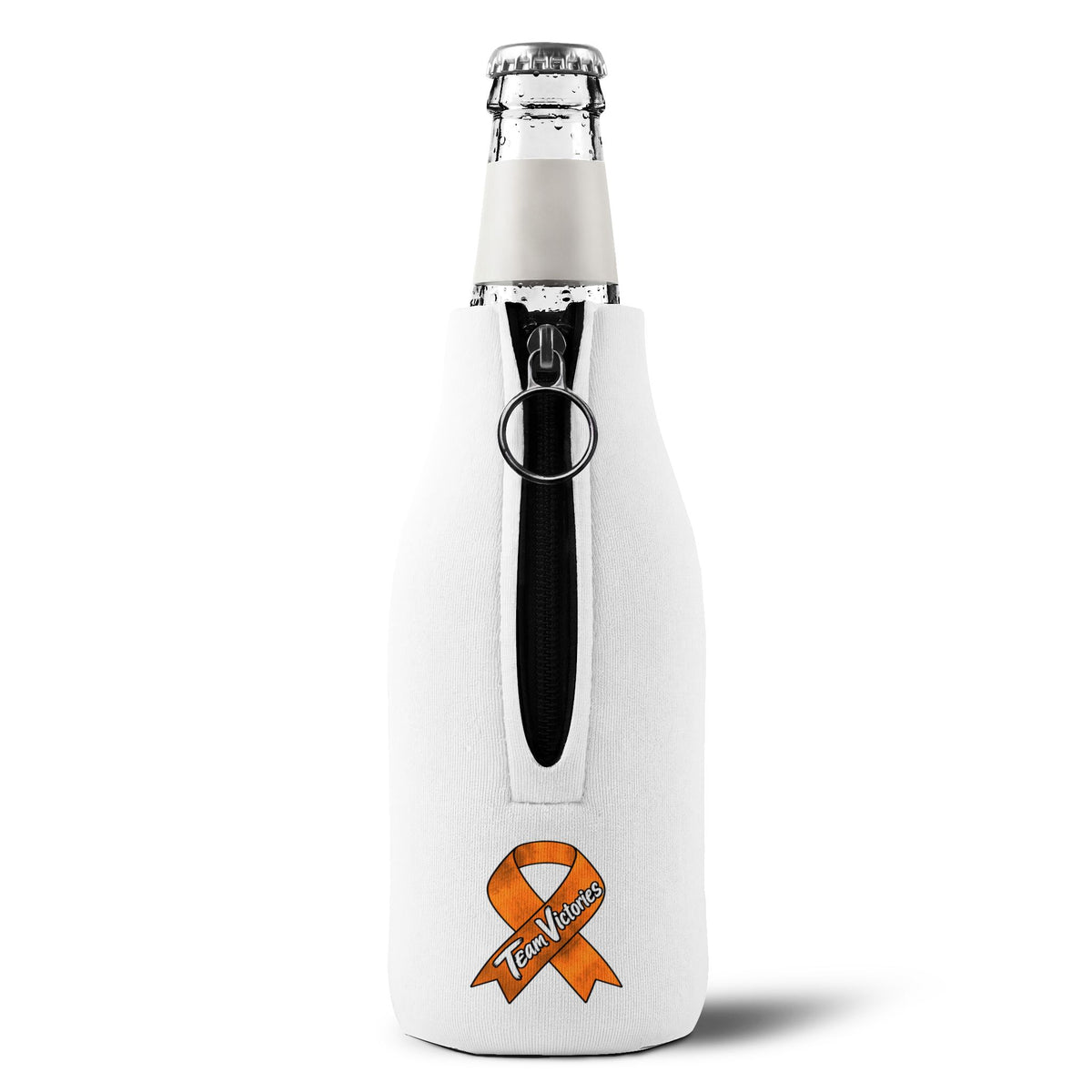 Zip-up Moooove Over Cancer bottle sleeve on a glass bottle, showing the back design
