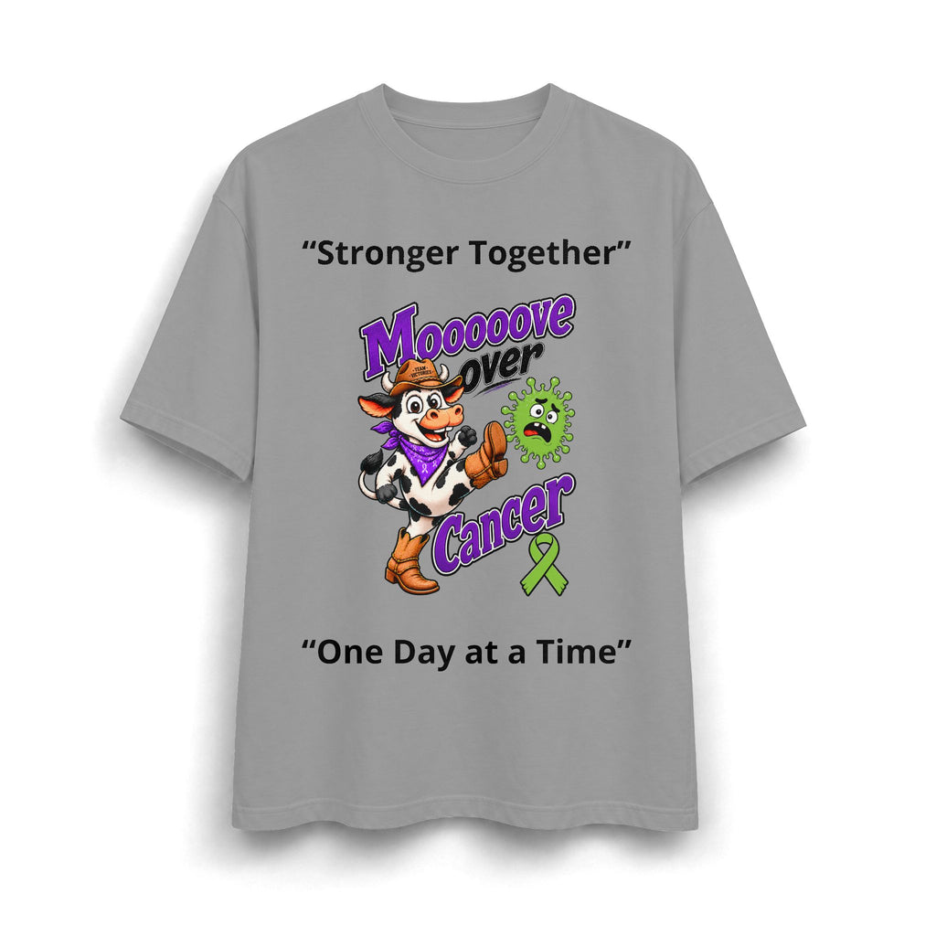 Gray Moooove Over Cancer heavyweight T-shirt with cow graphic and One Day at a Time slogan