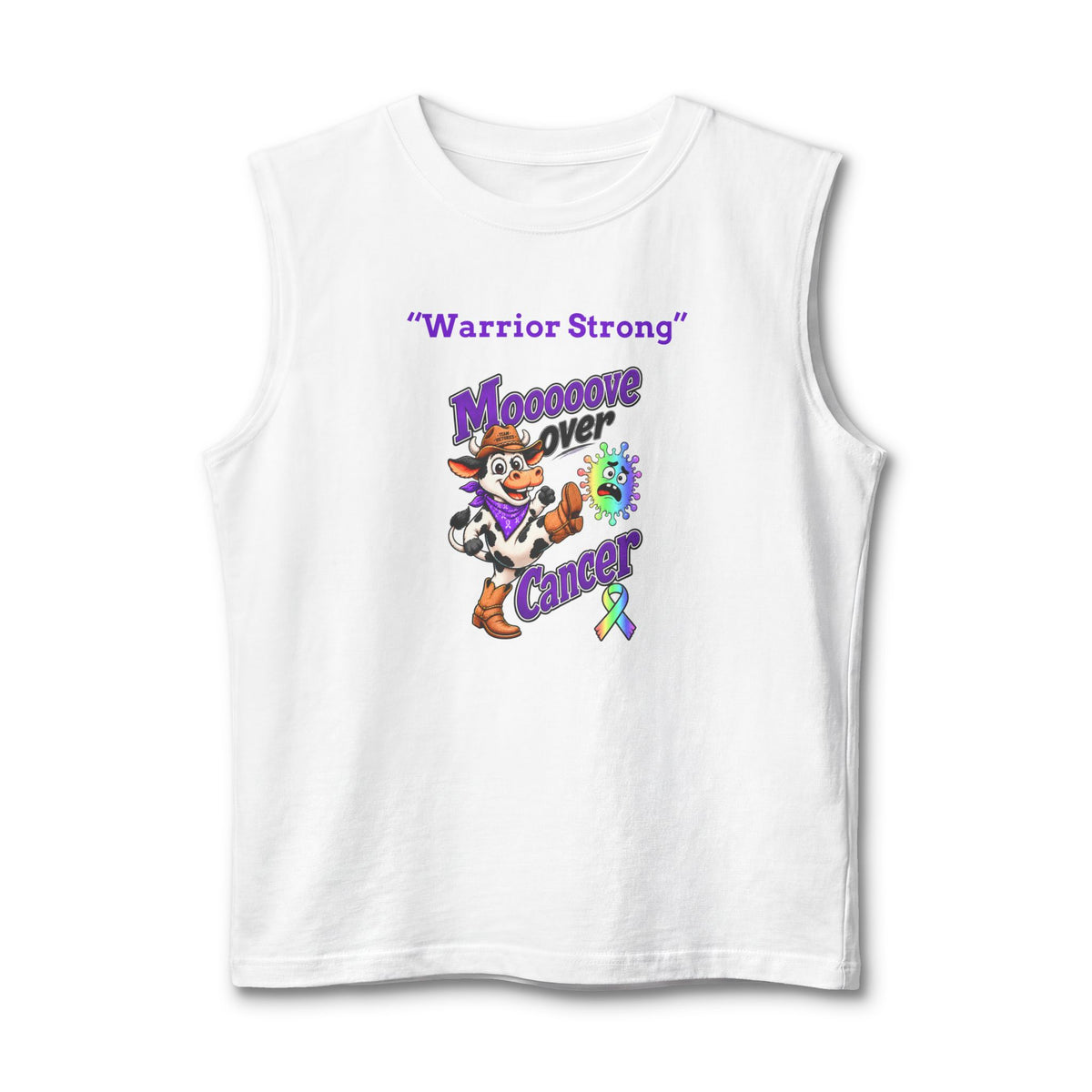 Moooove Over Cancer Warrior Strong tank top in white with all-cancer awareness ribbon
