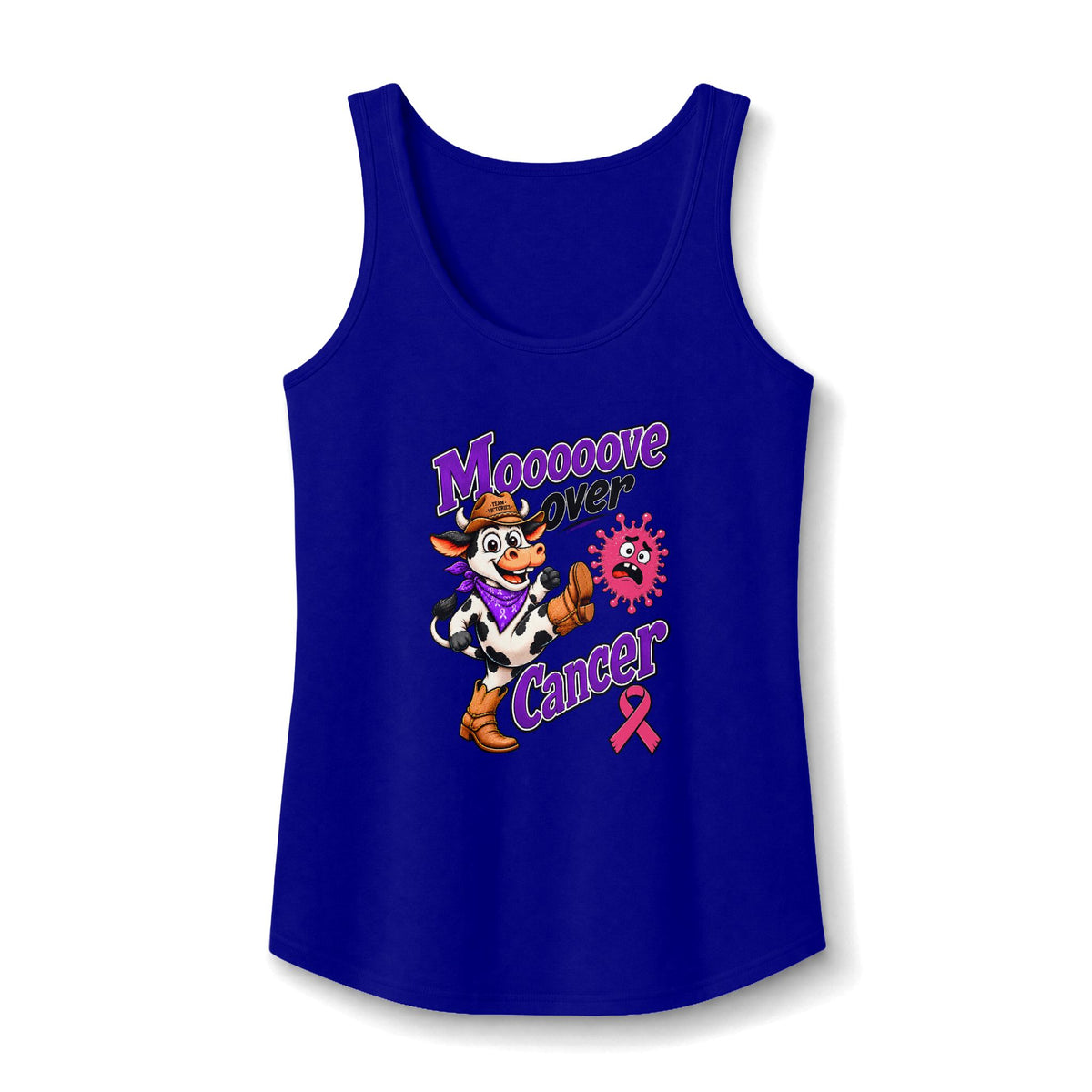 Blue Moooove Over Cancer tank top showing the cow graphic and Breast Cancer awareness ribbon