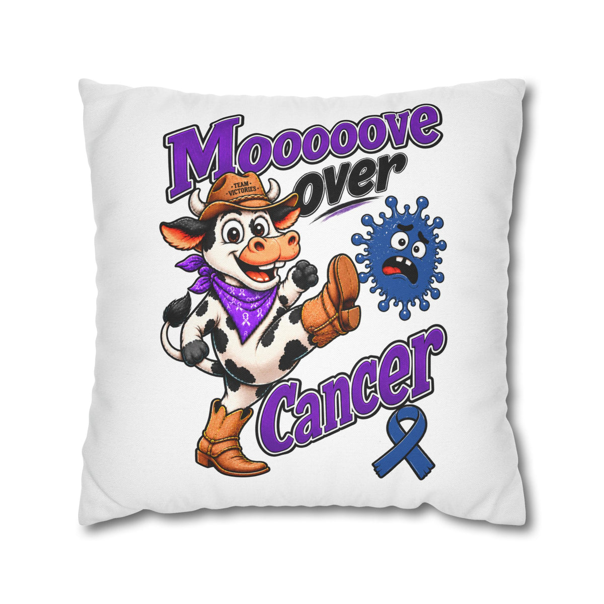 Moooove Over Cancer pillowcase design with cow character and blue Colon Cancer awareness ribbon
