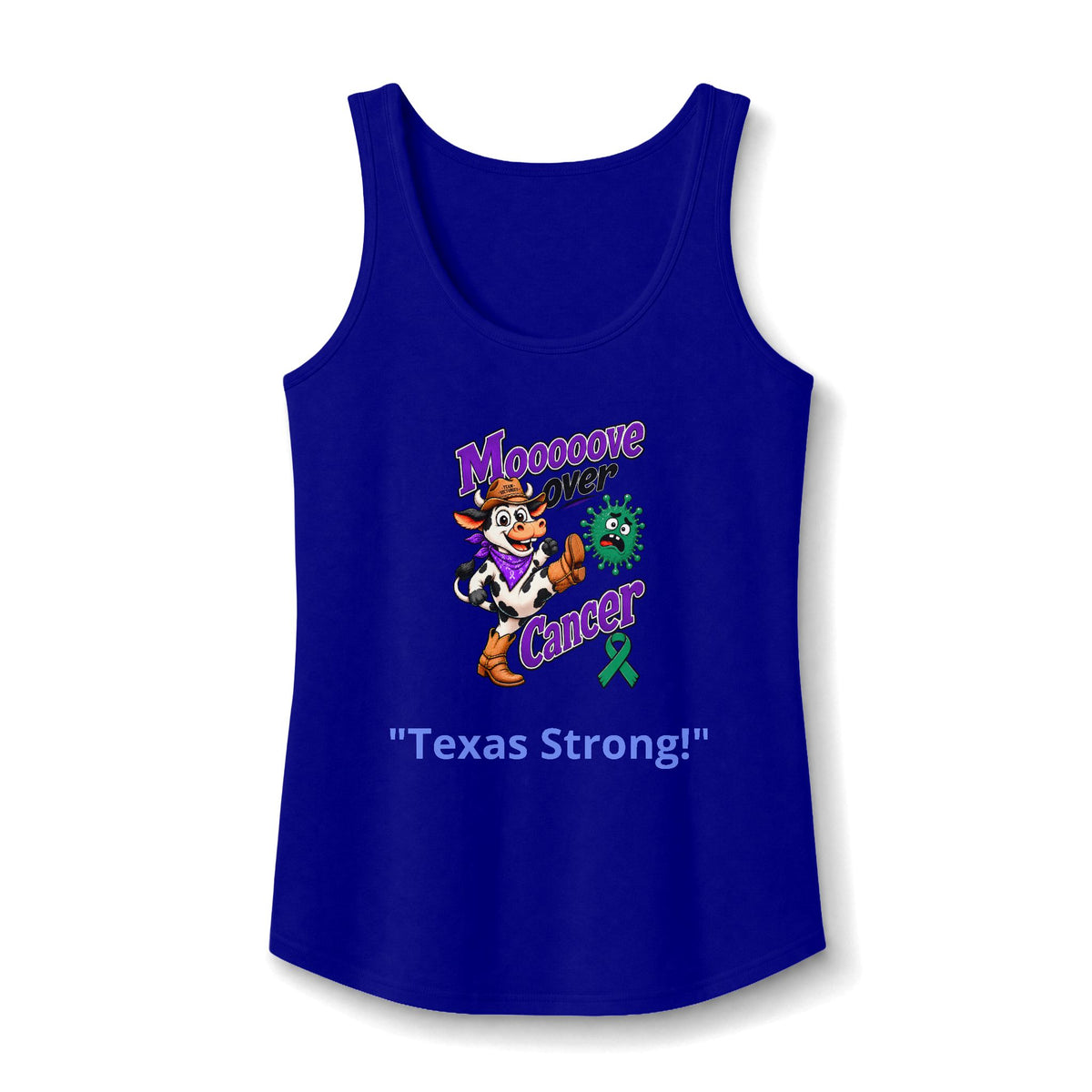 Blue Moooove Over Cancer Texas Strong tank top featuring a Liver Cancer awareness ribbon