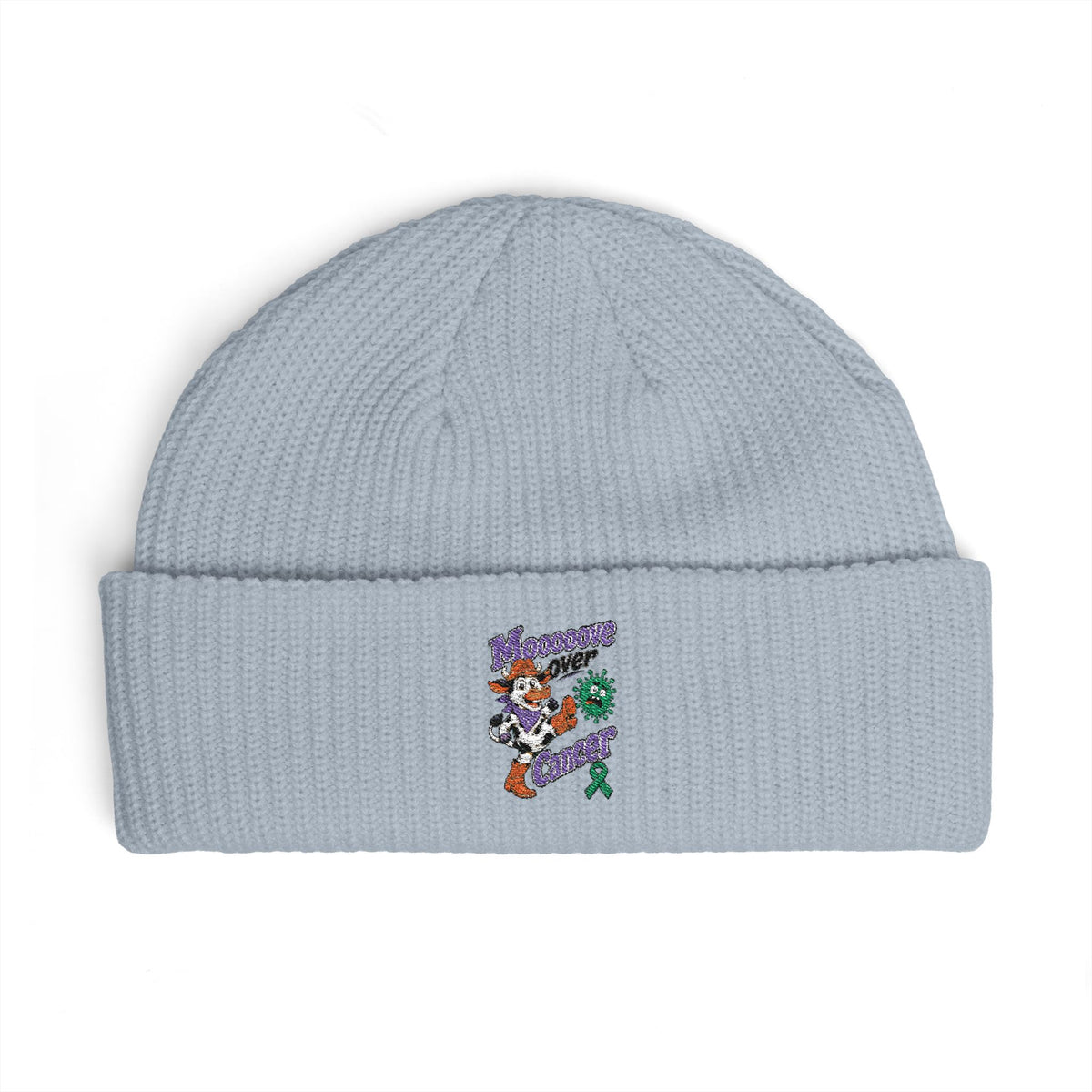 Moooove Over Cancer embroidered cuff beanie showing wide-ribbed knit and front design