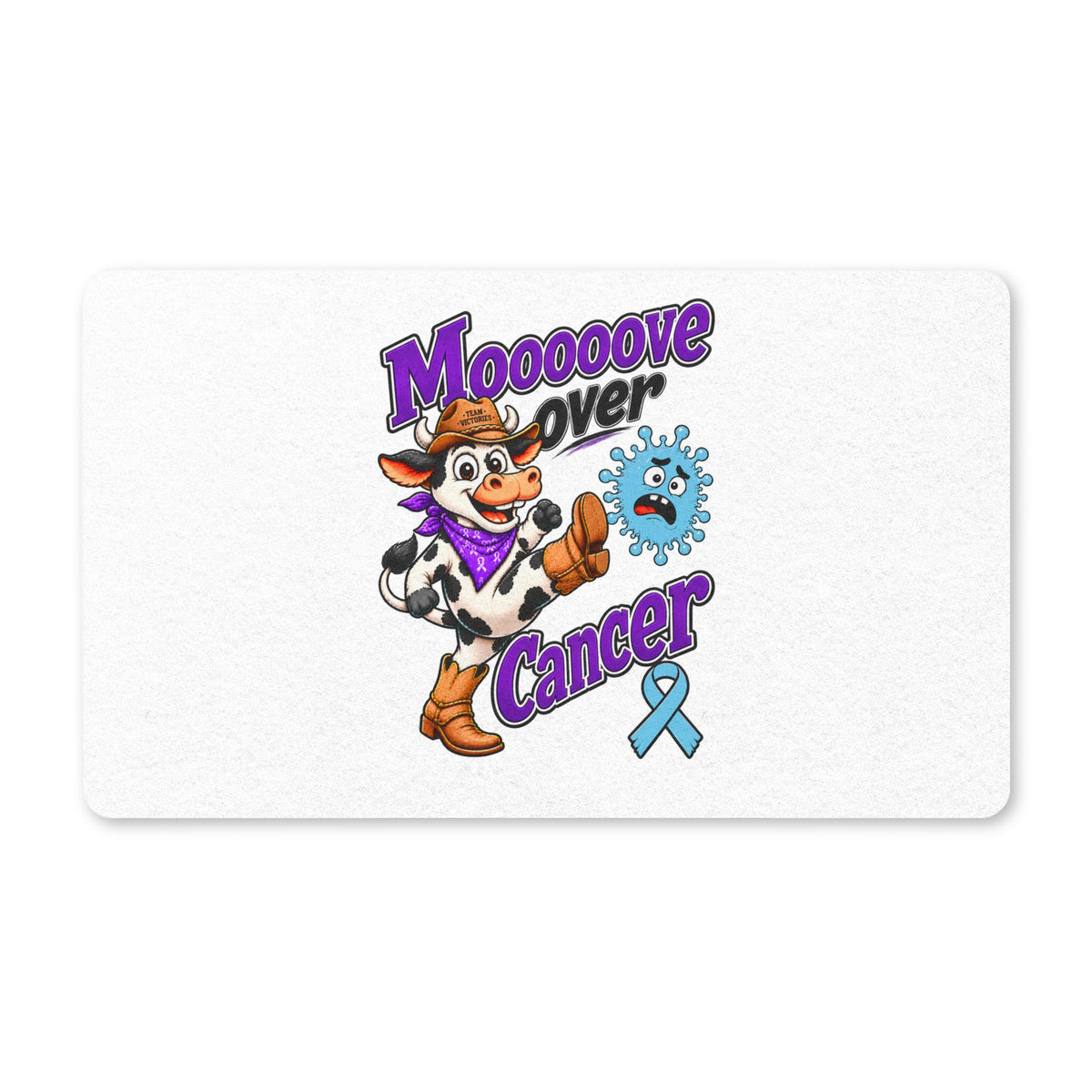 Moooove Over Cancer polyester doormat with colorful cow artwork and blue awareness ribbon