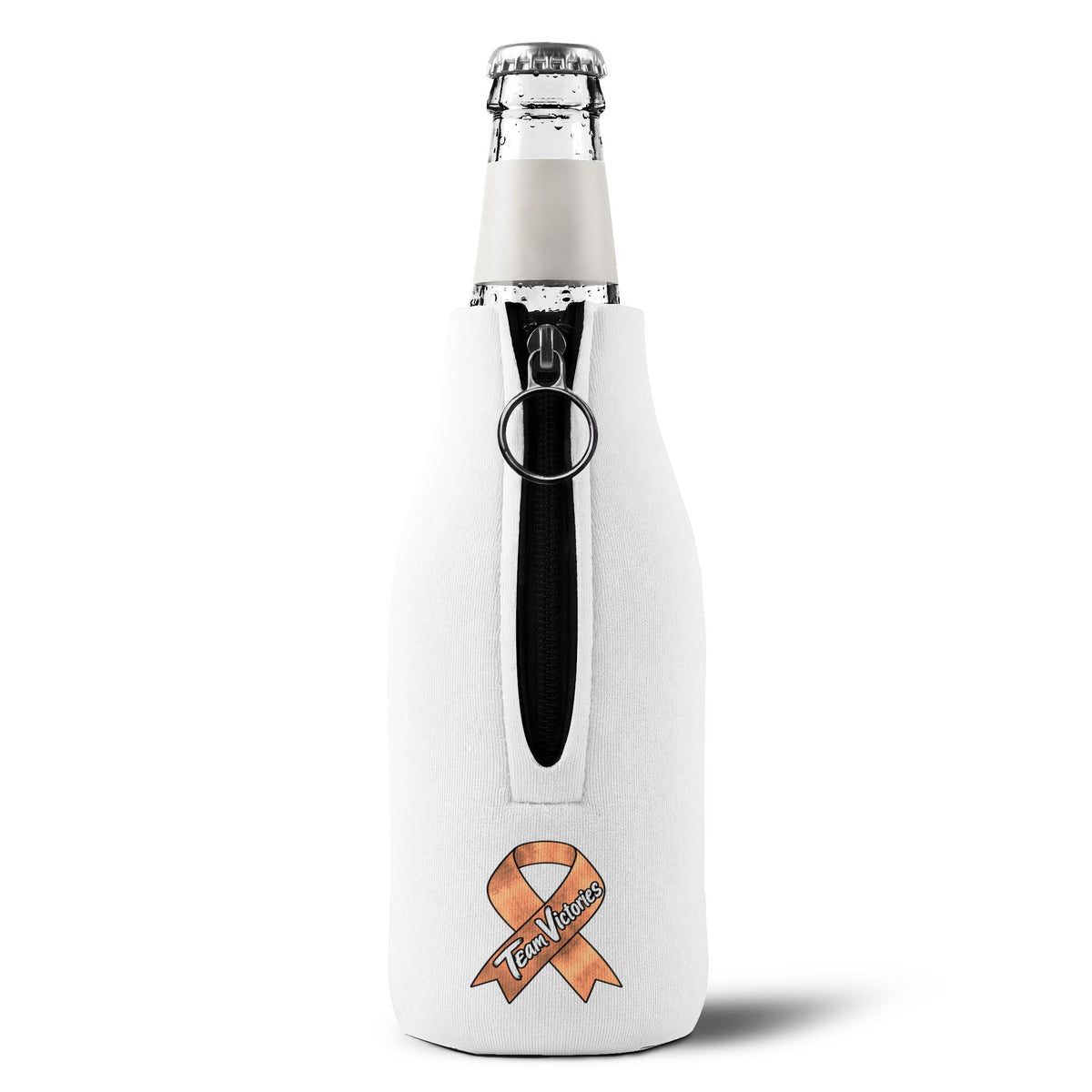 Zip-up Moooove Over Cancer bottle sleeve with Uterine Cancer awareness ribbon detail