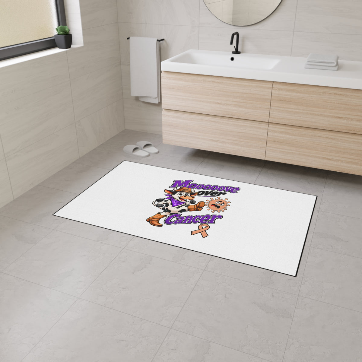 Moooove Over Cancer bathroom mat with colorful cow graphic and Uterine Cancer awareness ribbon