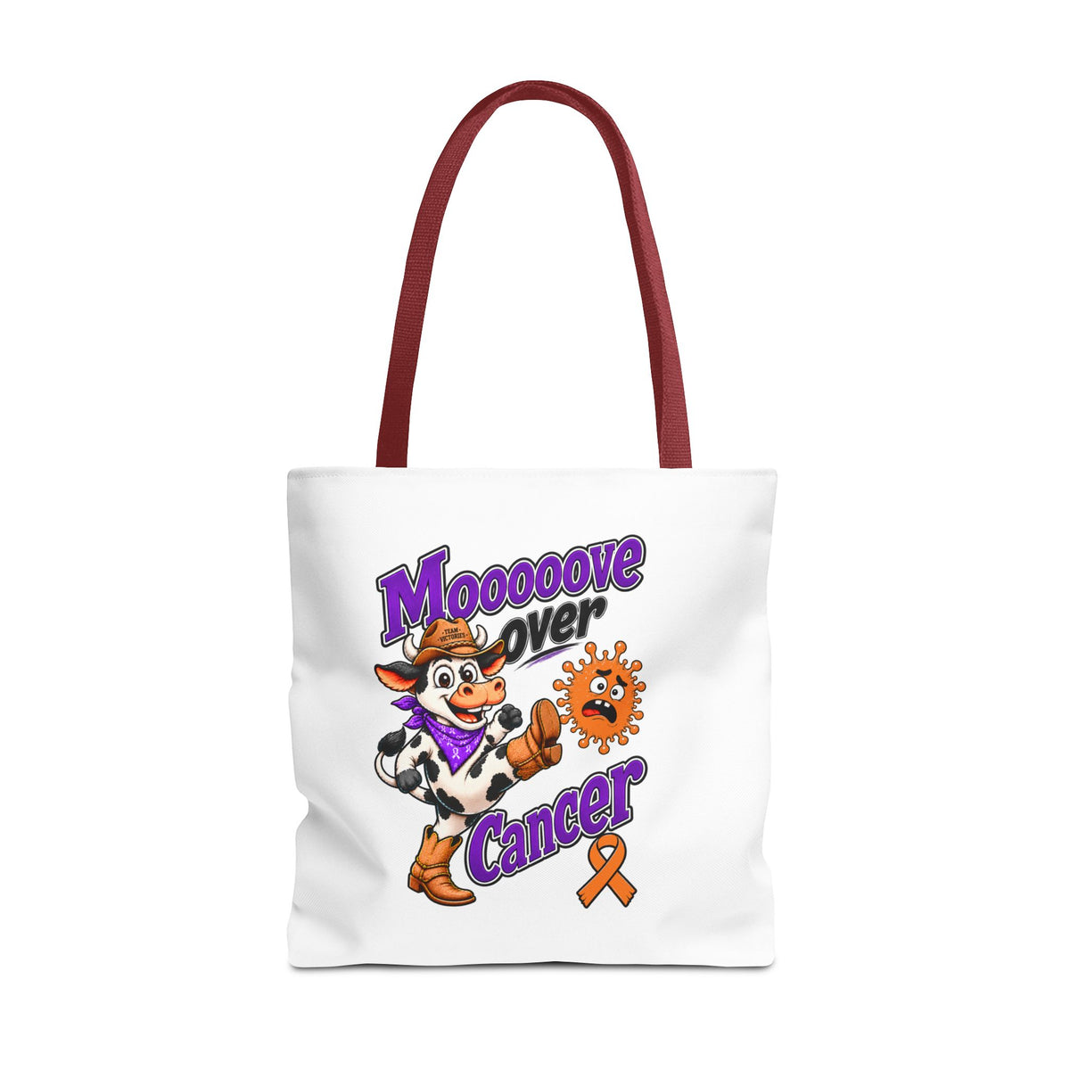 Moooove Over Cancer tote showing cow artwork, message, and awareness ribbon