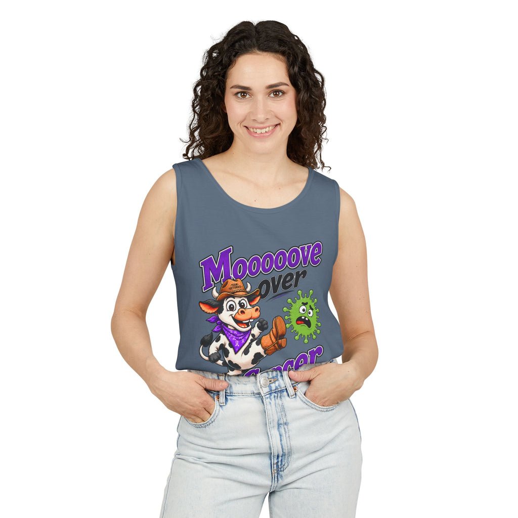 Man modeling light gray Moooove Over Cancer tank top with cow design