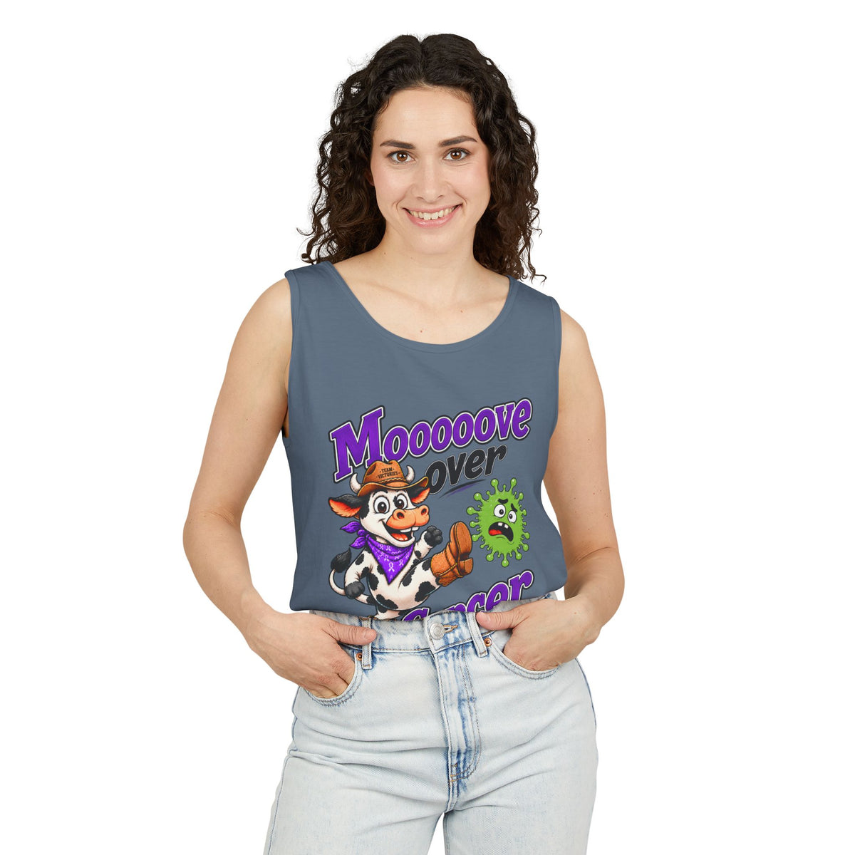 Man modeling light gray Moooove Over Cancer tank top with cow design