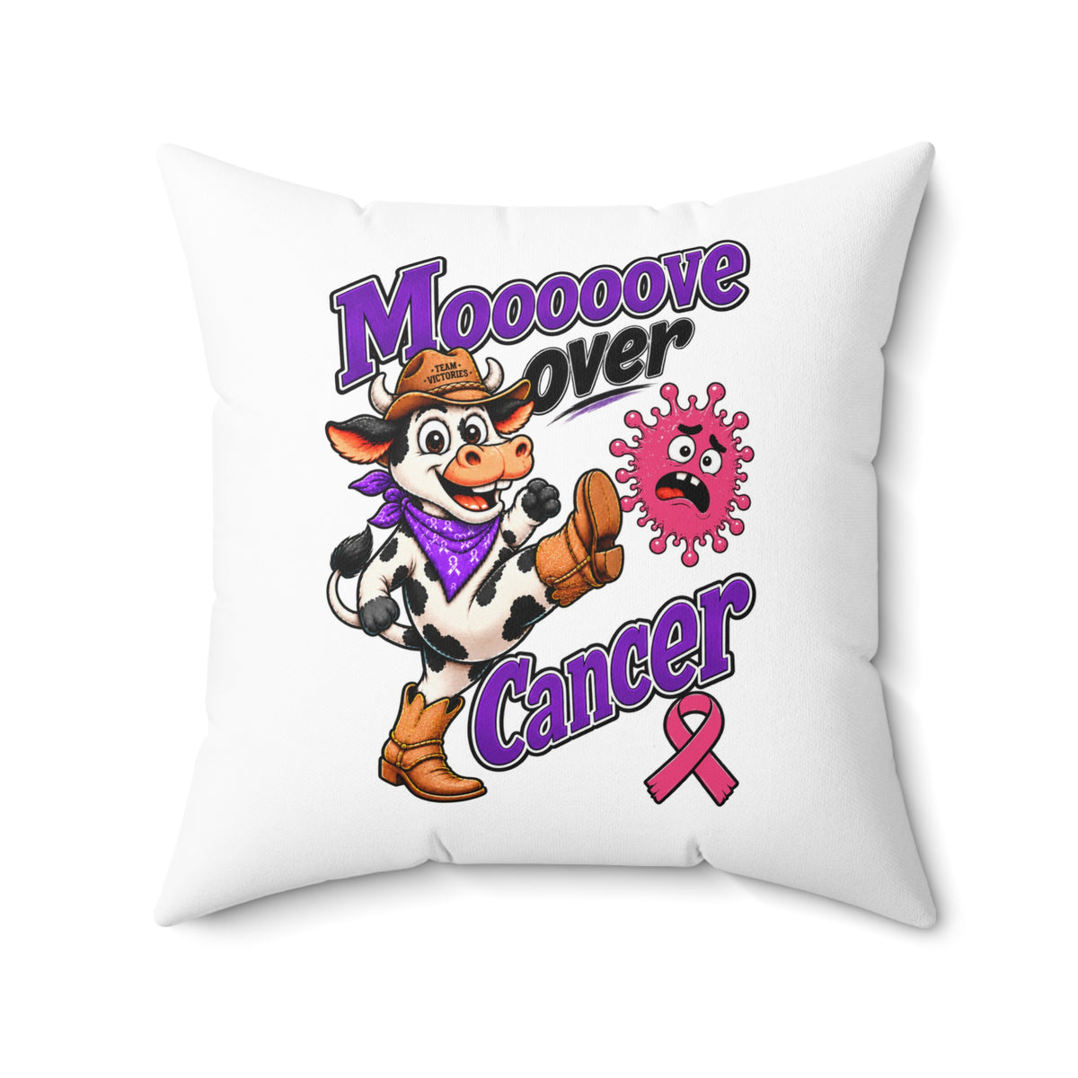 Moooove Over Cancer throw pillow with Western cow design and Breast Cancer awareness ribbon