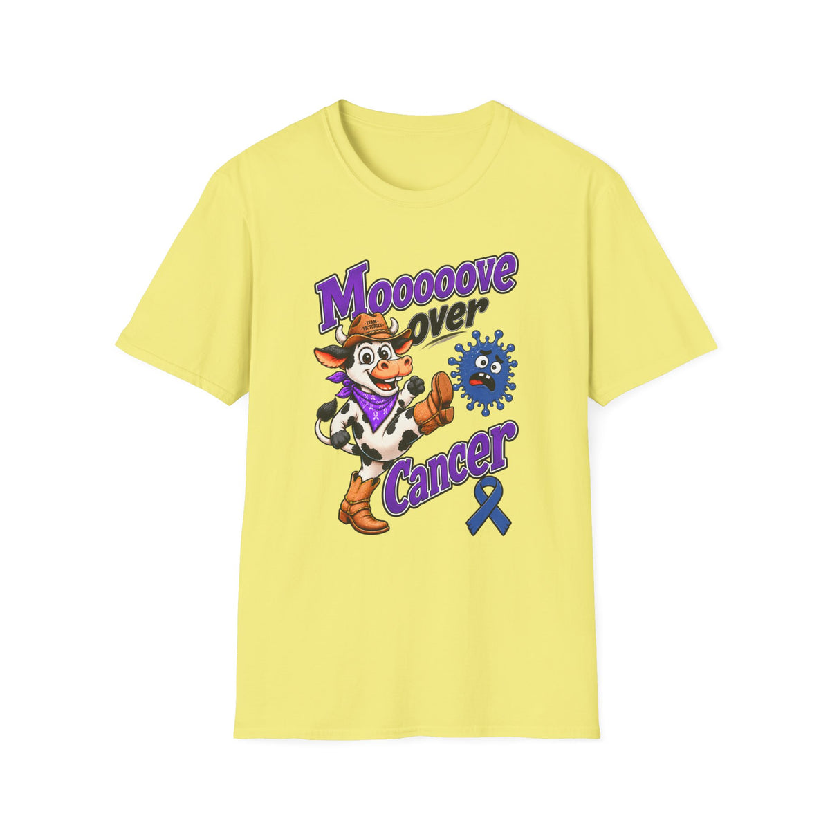 Moooove Over Cancer T-shirt in yellow with playful Western Colon Cancer awareness artwork