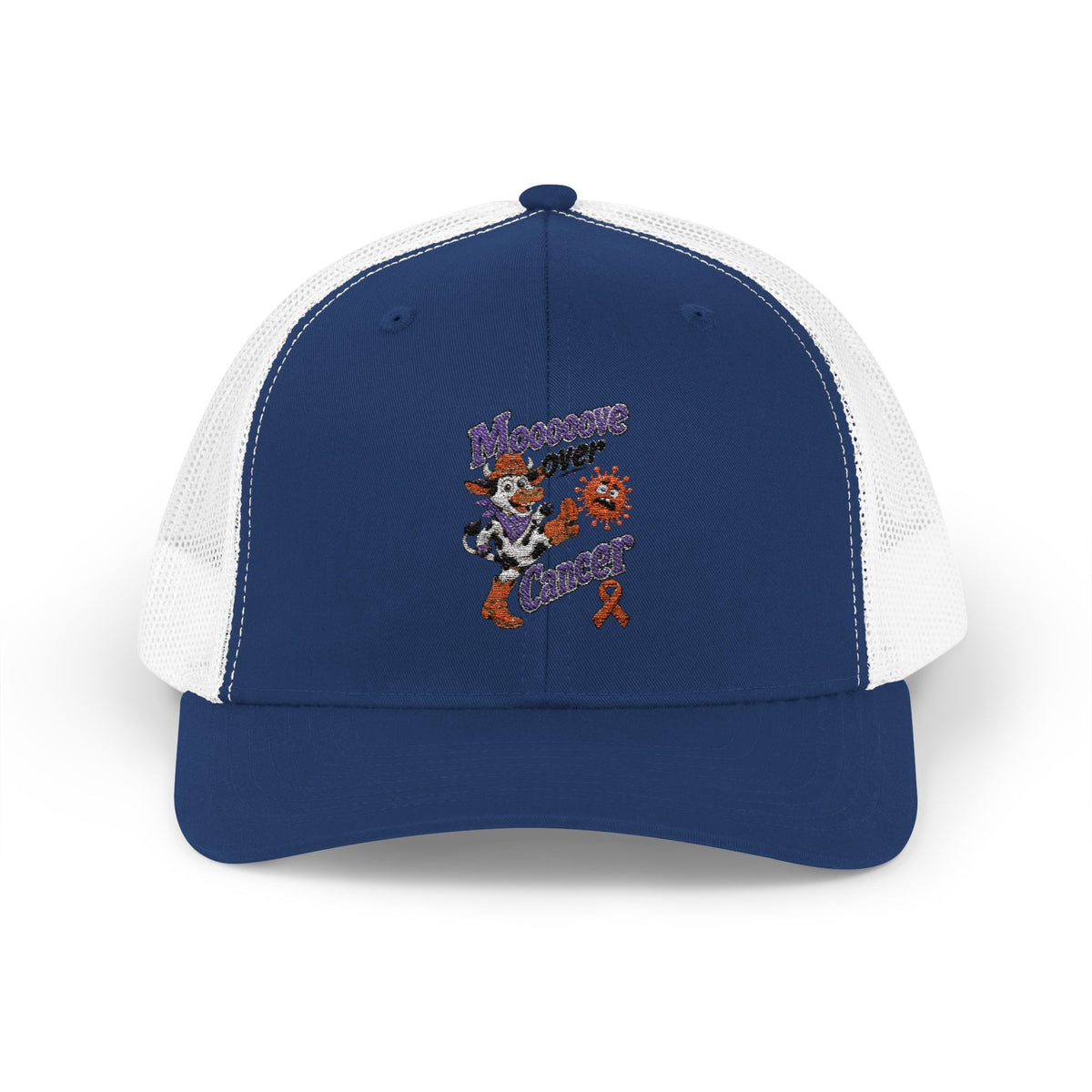 Moooove Over Cancer trucker hat with Breast Cancer awareness ribbon artwork, angled view